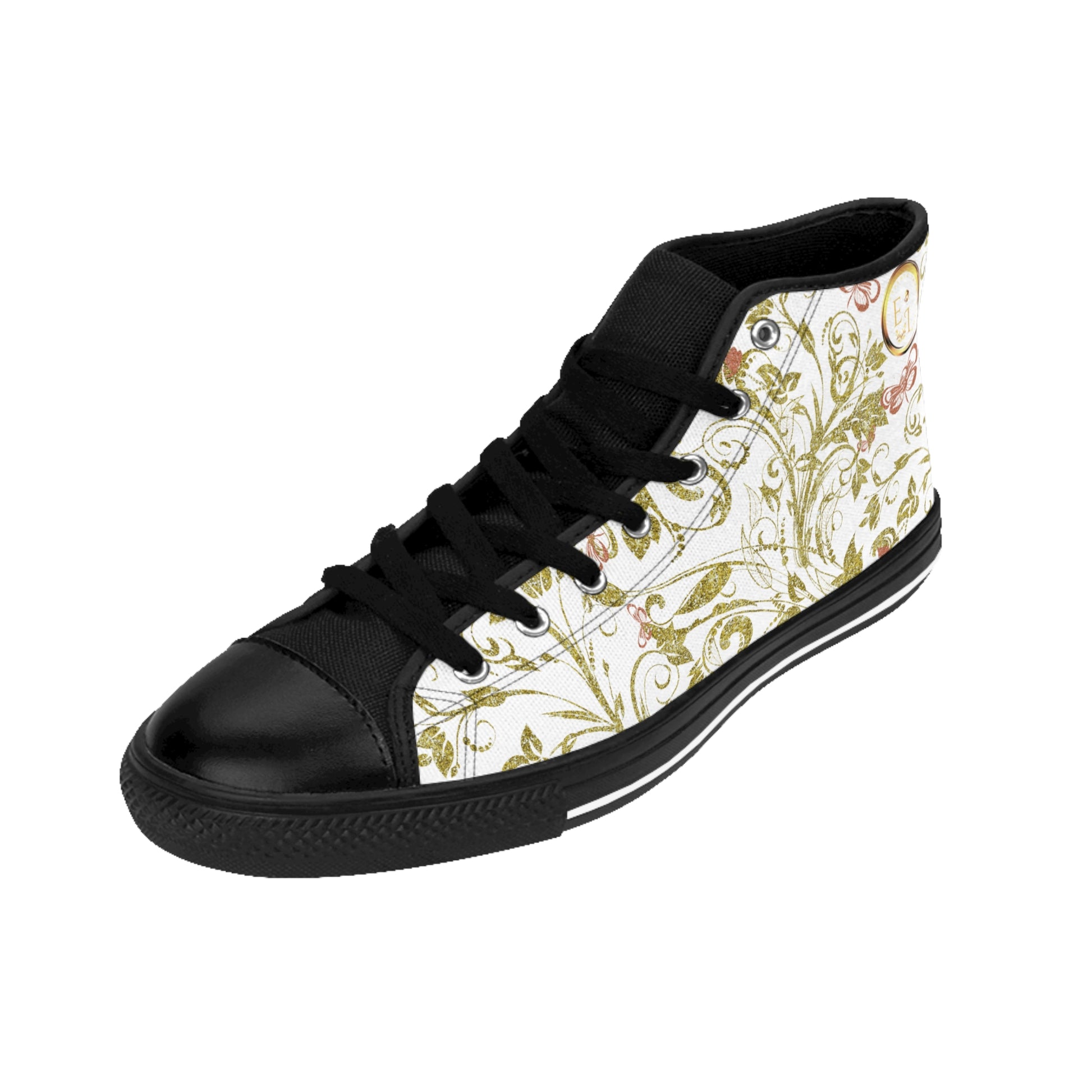 Black Essence Innovation high-top sneaker with floral pattern on a white background
