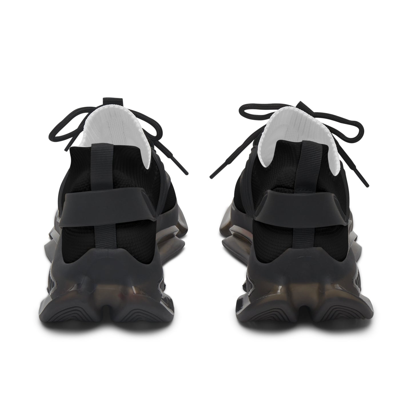 Black 'EssenceInnoCreate' sneakers with transparent soles on a white background