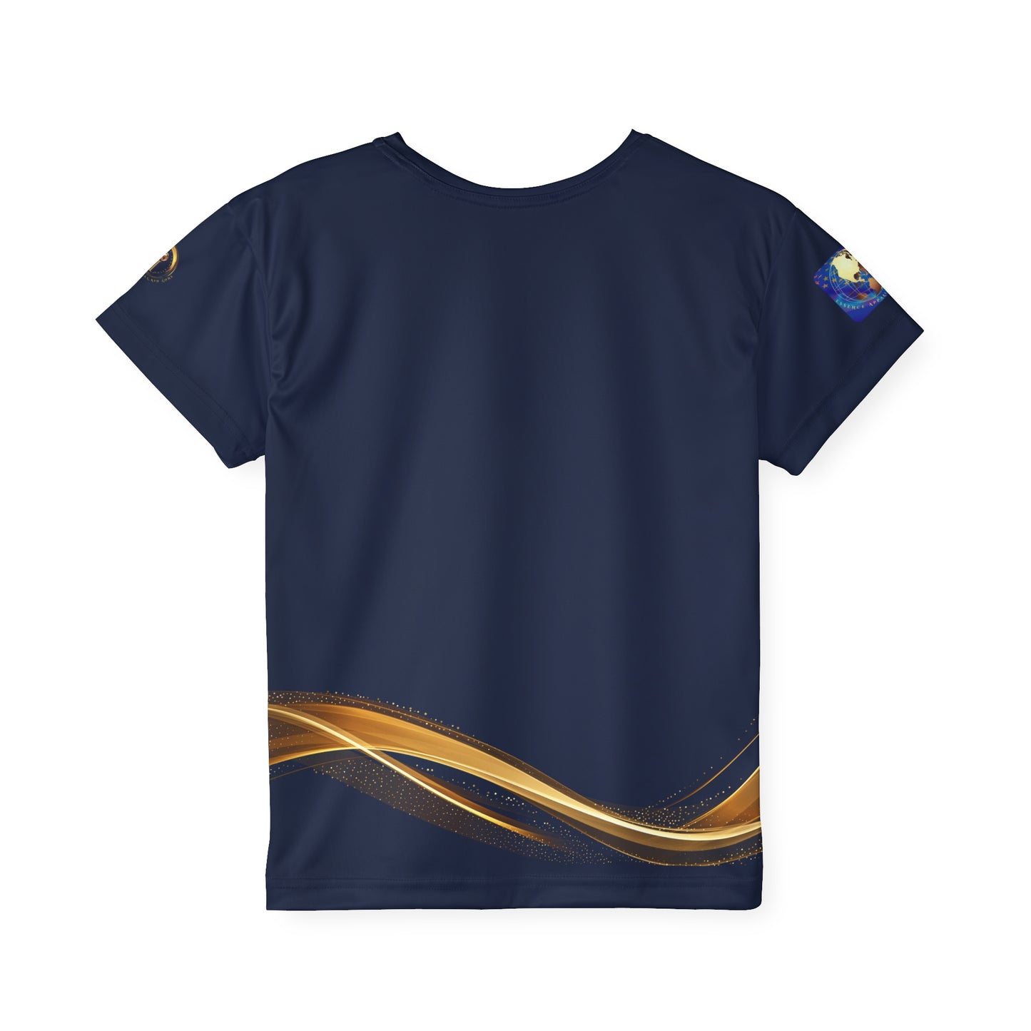 Navy blue t-shirt with gold design on a white background