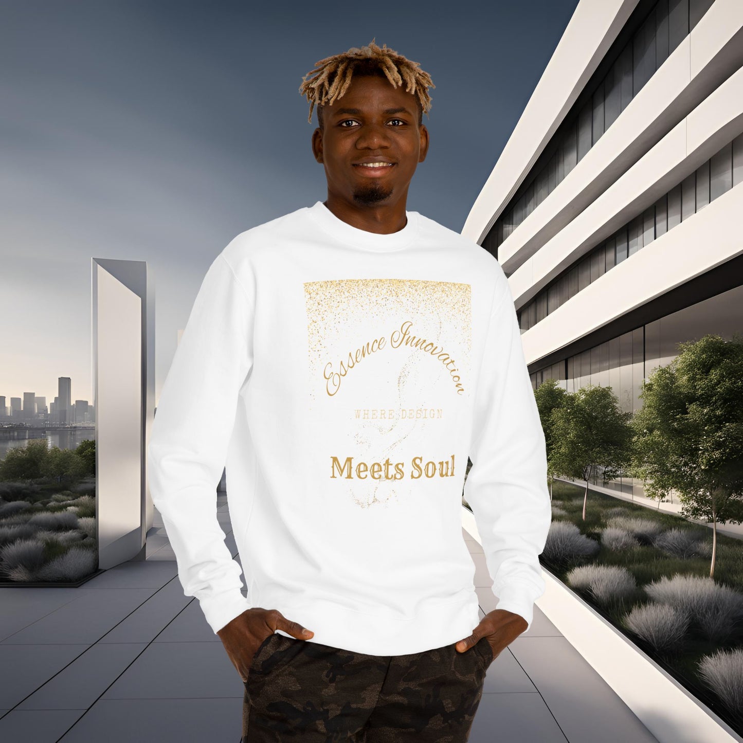 Person wearing a white sweatshirt with gold Essence Innovation 'Design Meets Soul' text in an urban setting