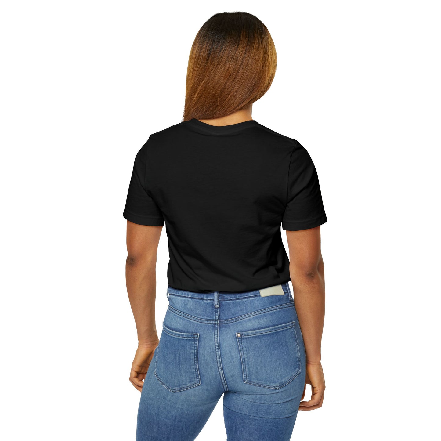 Person wearing a black EssenceInnoCreate t-shirt and blue jeans on a white background