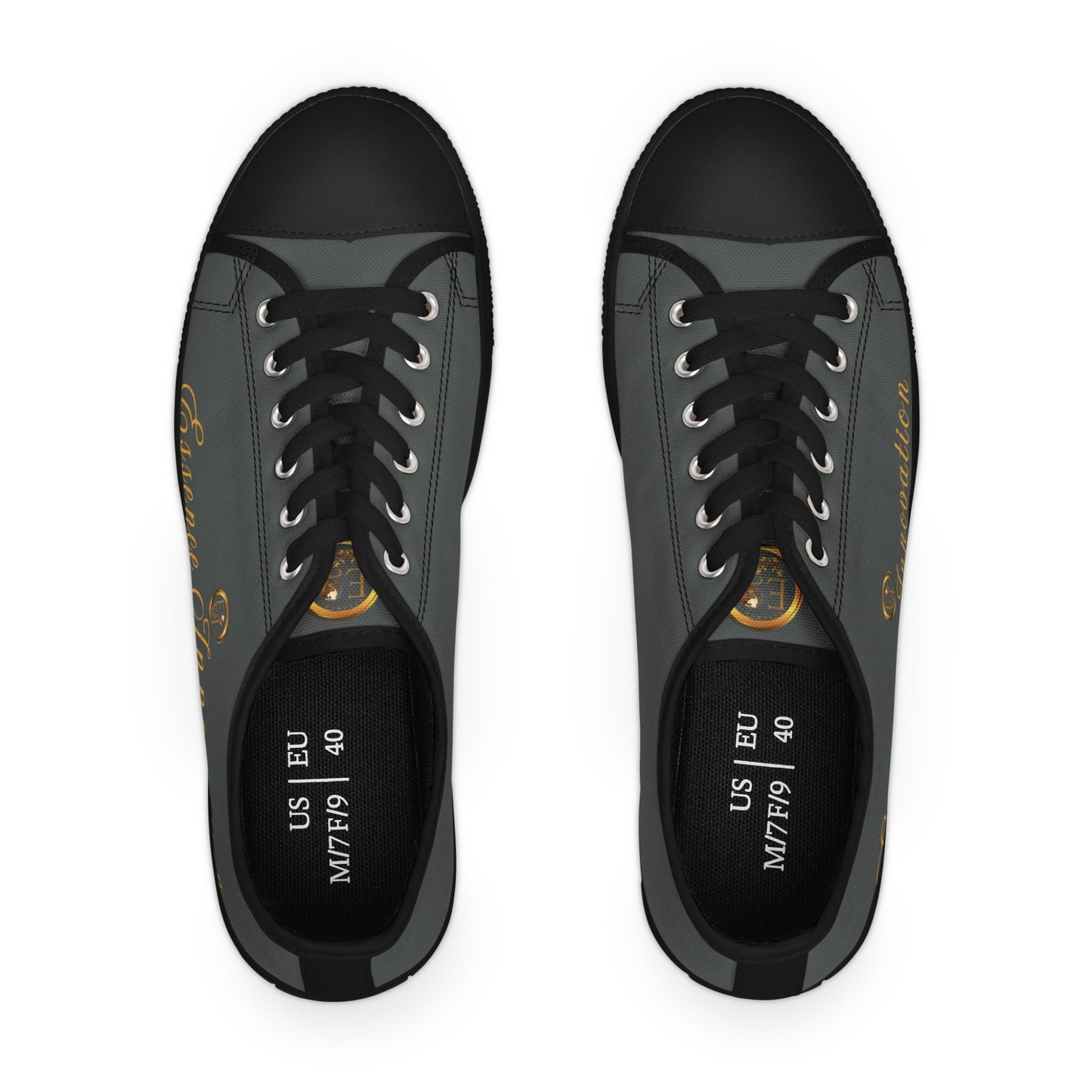 Grey 'Essence Innovation' sneakers with white text pattern on a white background