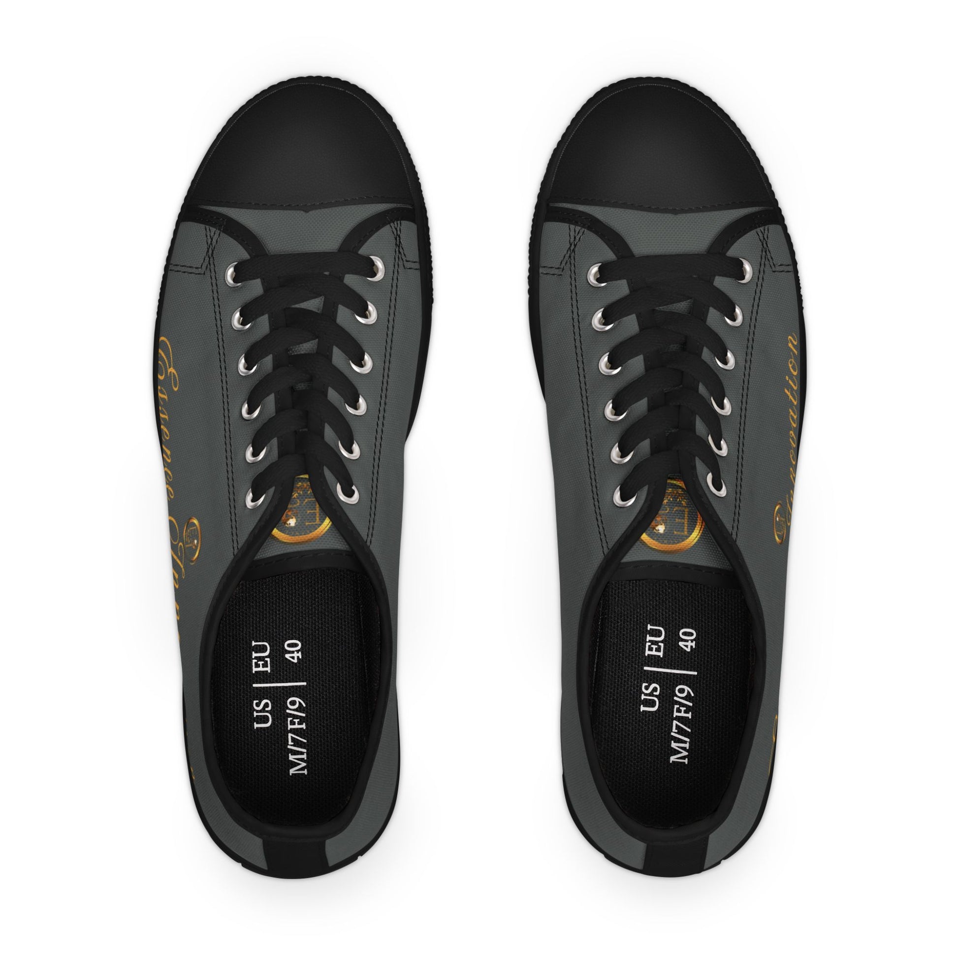 Grey 'Essence Innovation' sneakers with white text pattern on a white background