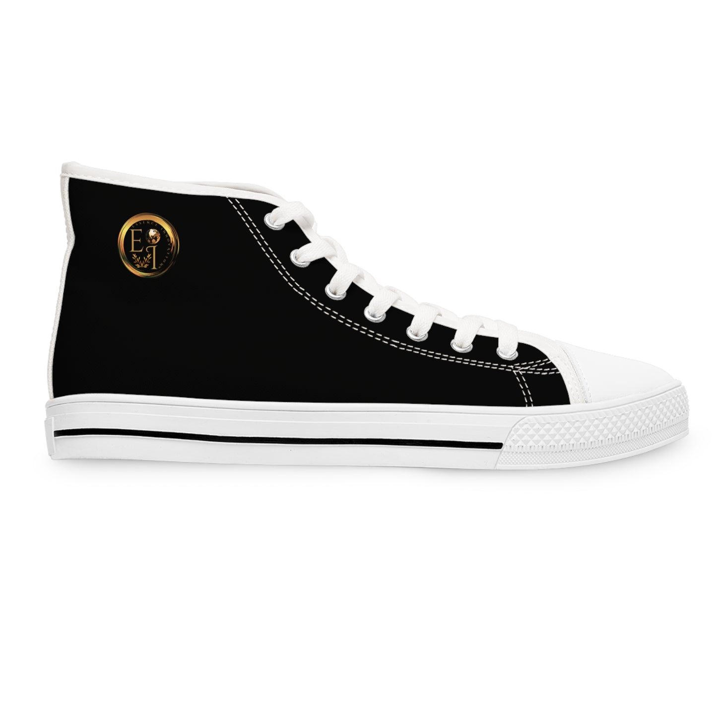 Black and white 'Essence Innovation' sneaker with geometric pattern on a white background