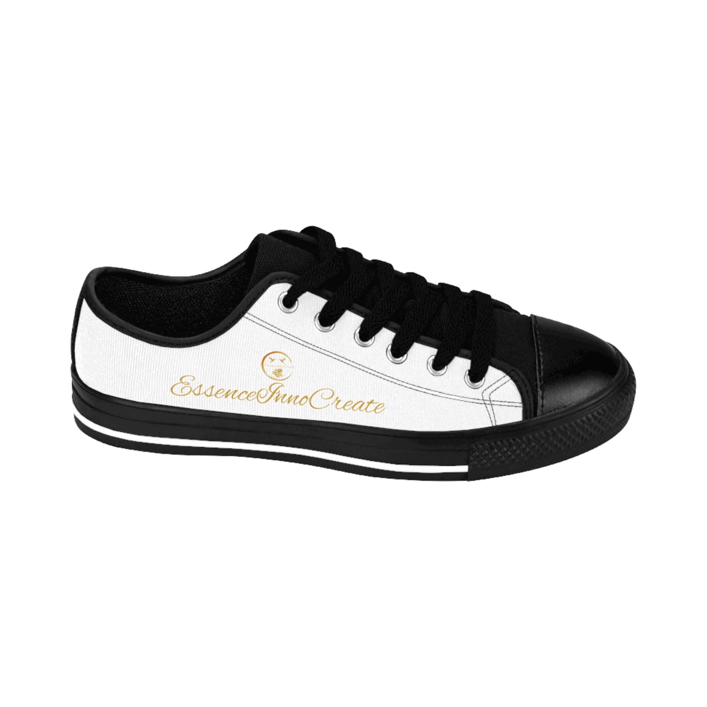 Black and white sneaker with 'EssenceInnoCreate' text on a white background
