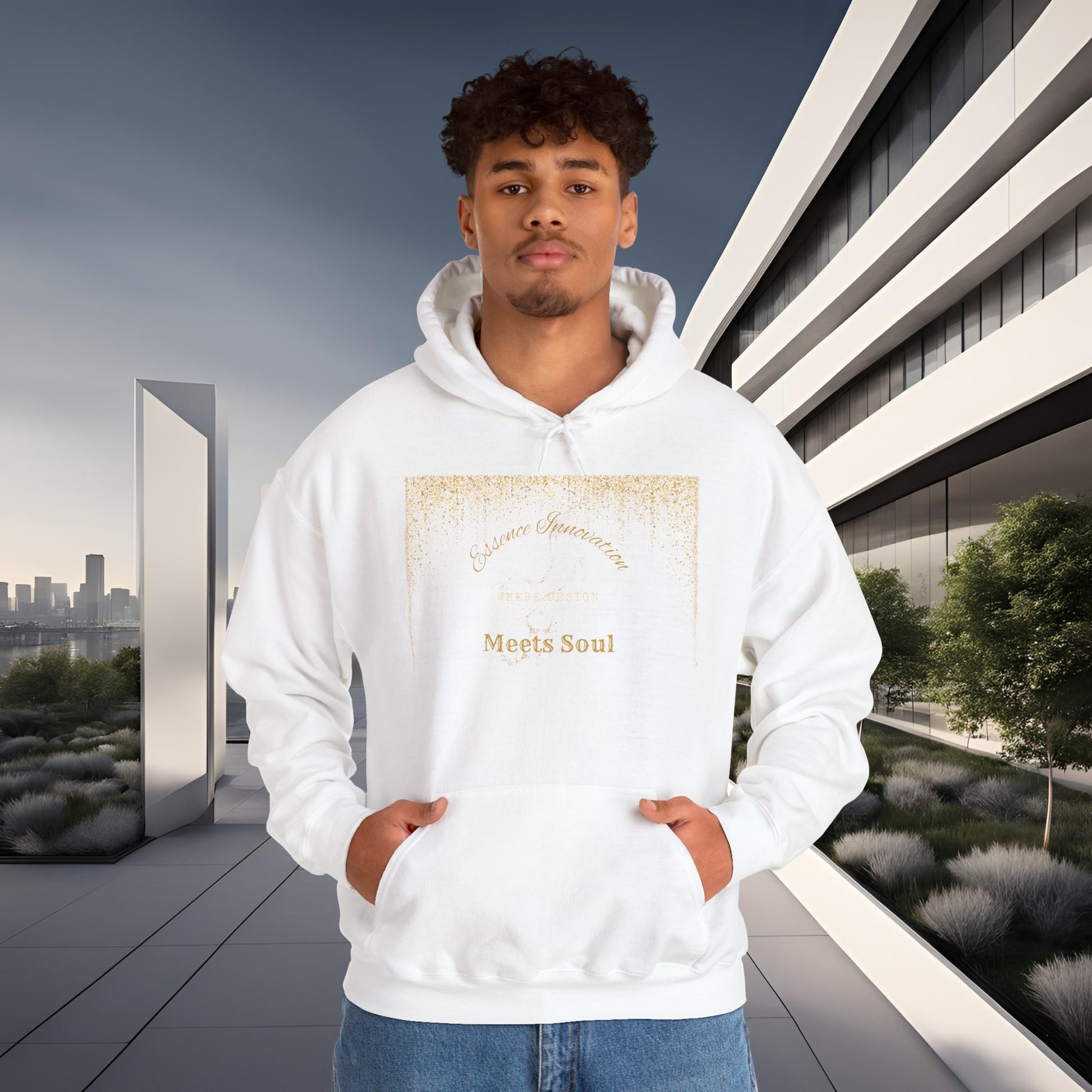 Person wearing a white hoodie with Essence Innovation 'Design Meets Soul' text in an urban setting