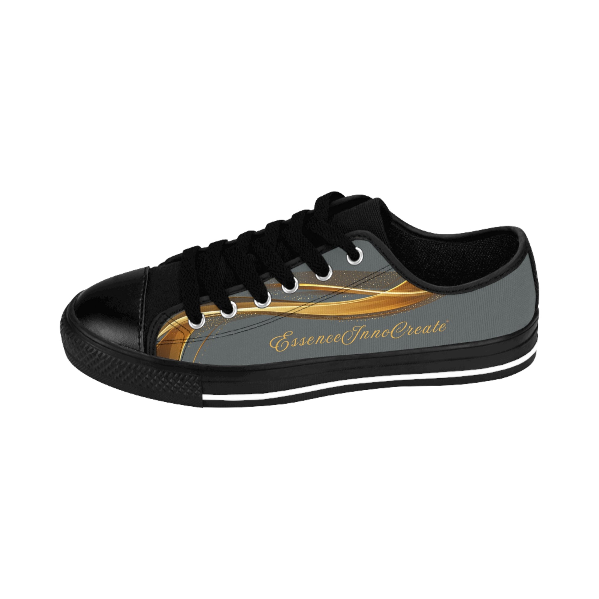 Black 'EssenceInnoCreate' sneaker with gray and gold design on a white background