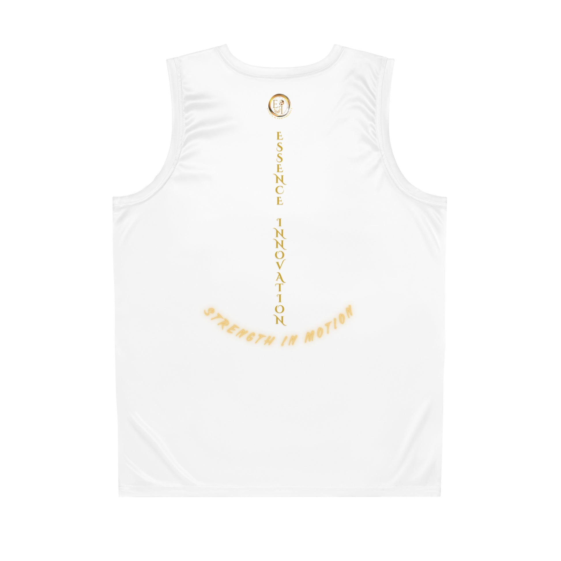 White tank top with yellow and gold text on a white background