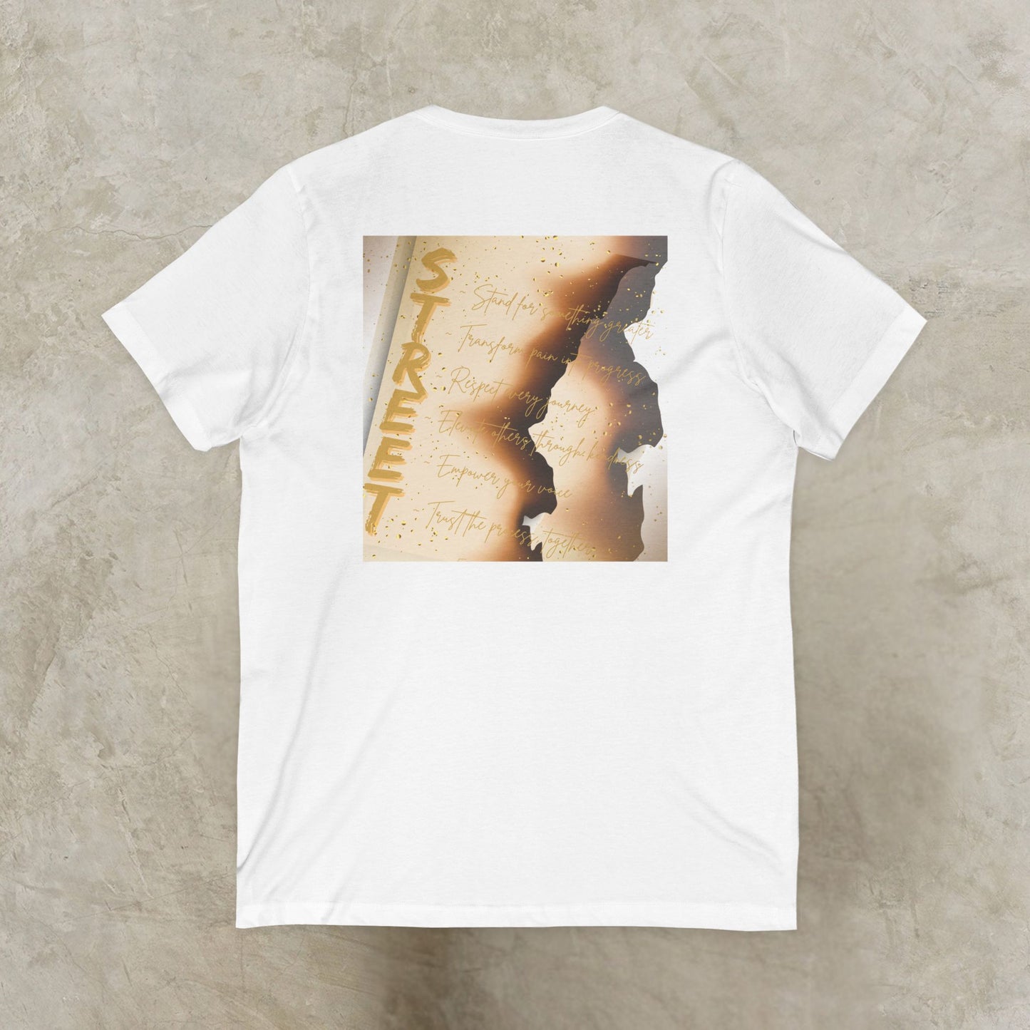 White EssenceInnoCreate t-shirt with a graphic design on a textured beige surface