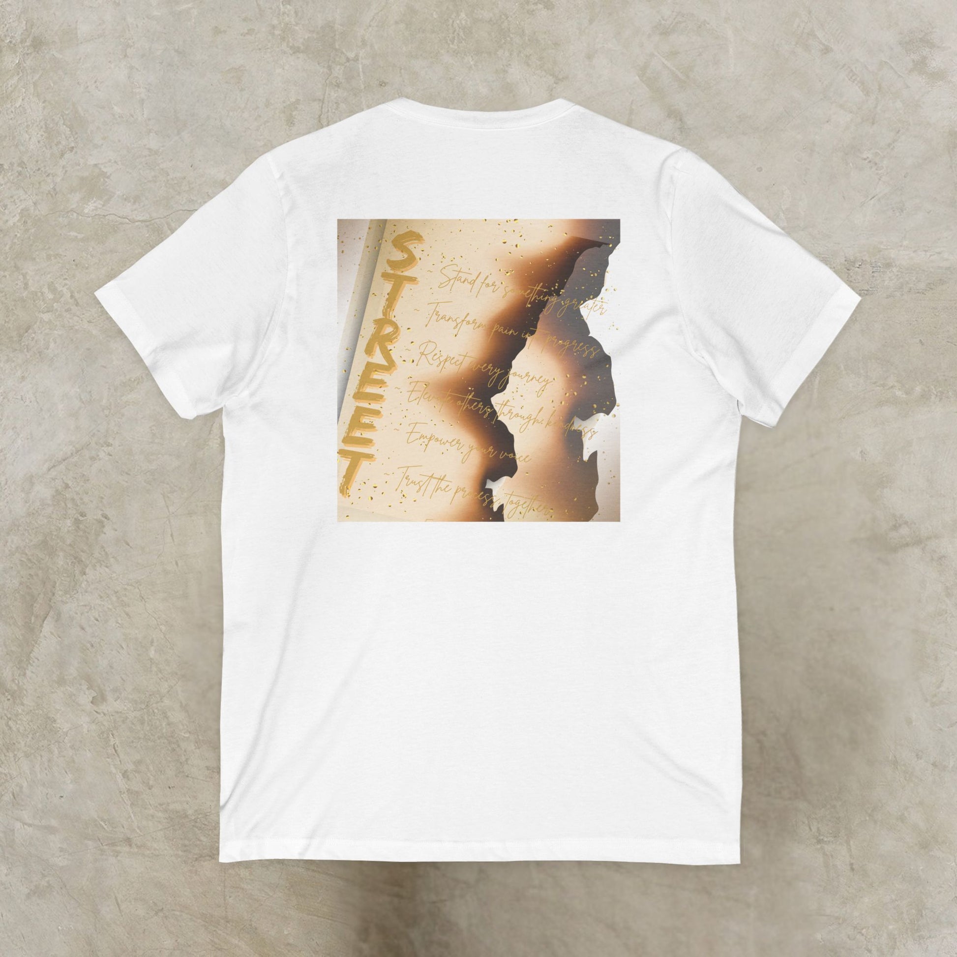 White EssenceInnoCreate t-shirt with a graphic design on a textured beige surface