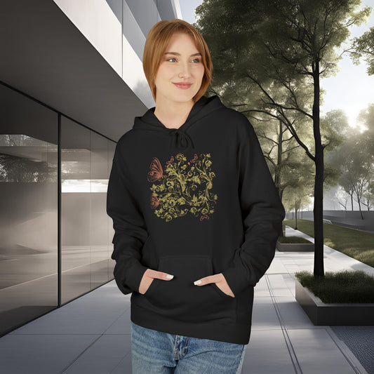 Bohemian Butterfly Floral Hoodie | Gold Botanical Back Graphic Pullover | Black, White and Navy