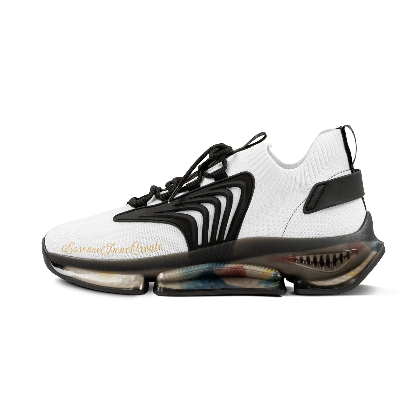 White and black 'EssenceInnoCreate' sneaker with colorful sole on a white background