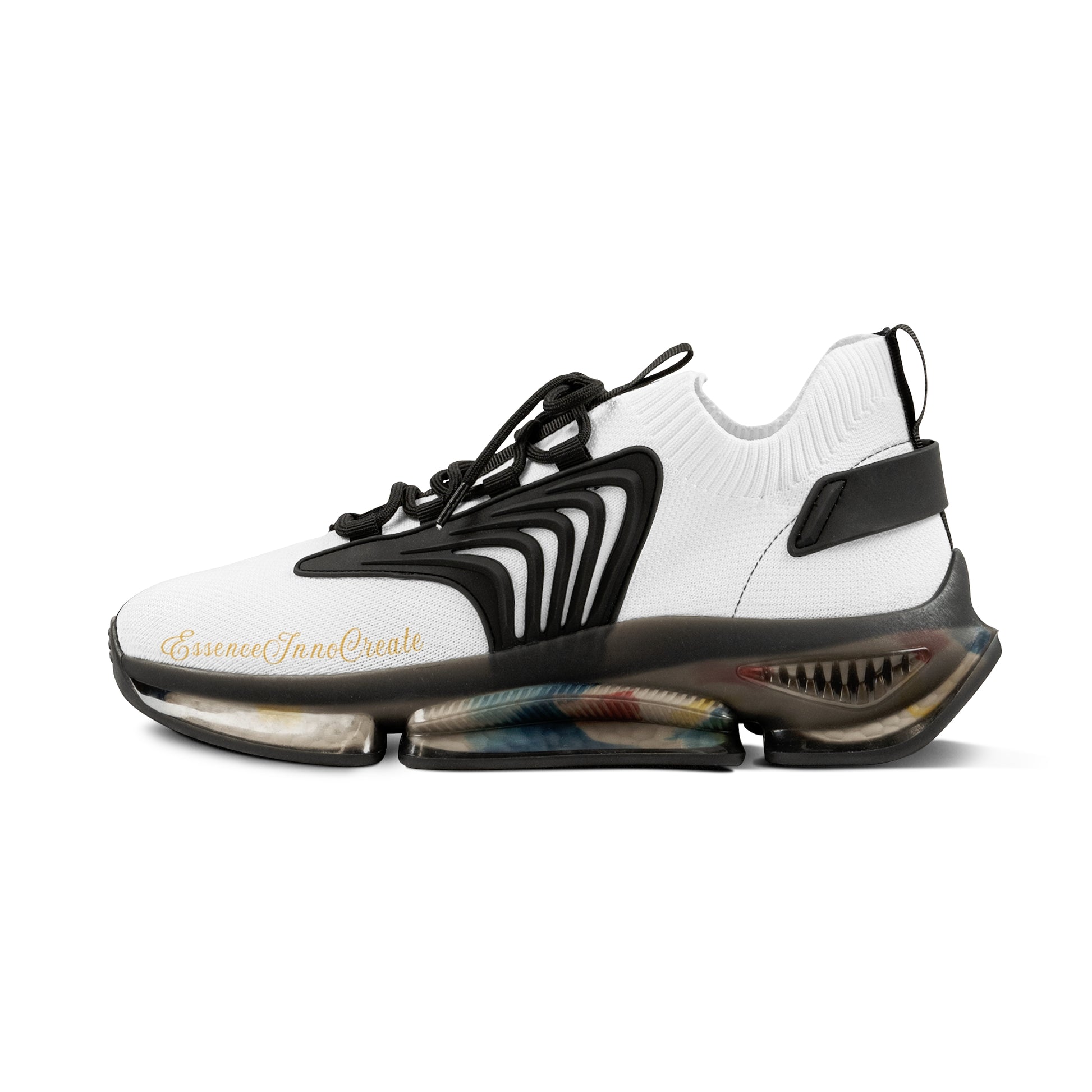 White and black 'EssenceInnoCreate' sneaker with colorful sole on a white background