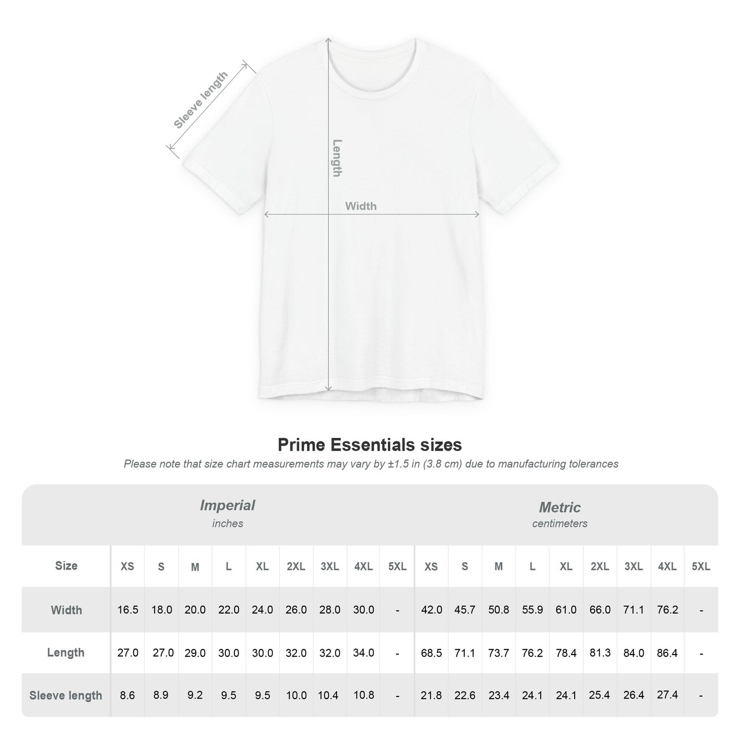 White EssenceInnoCreate t-shirt with measurement chart on a white background