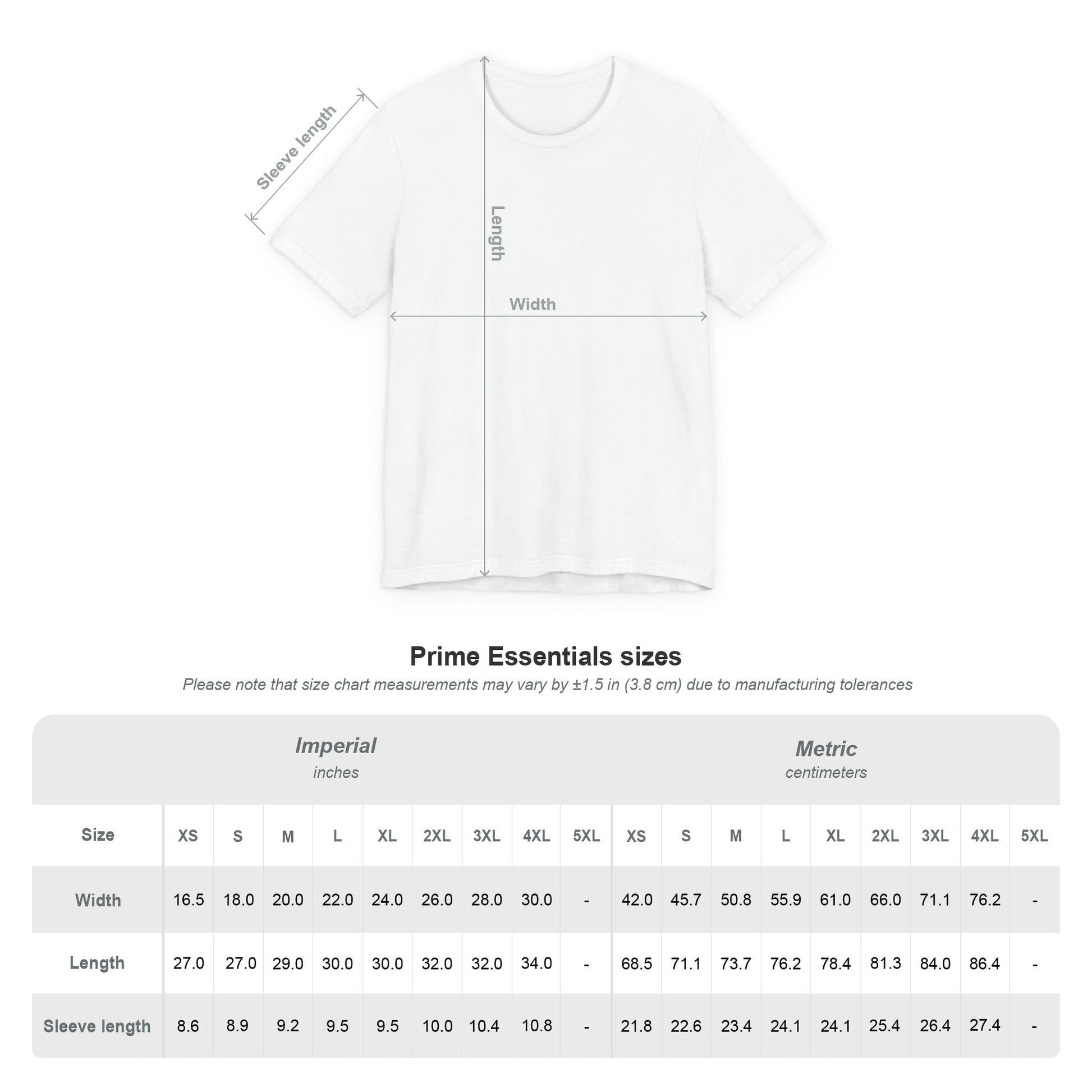 White EssenceInnoCreate t-shirt with measurement chart on a white background