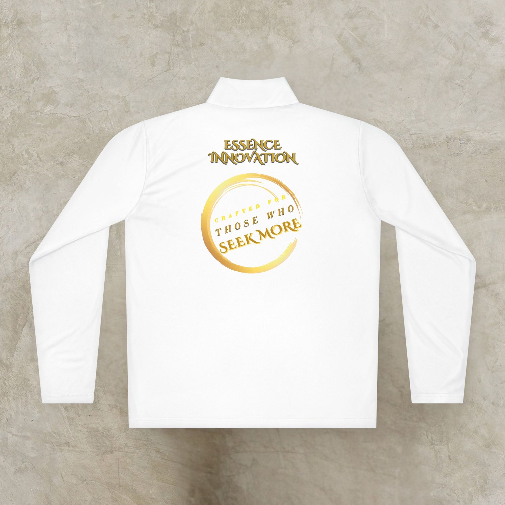 White long-sleeve Essence Innovation Seek More shirt with gold text on a gray background
