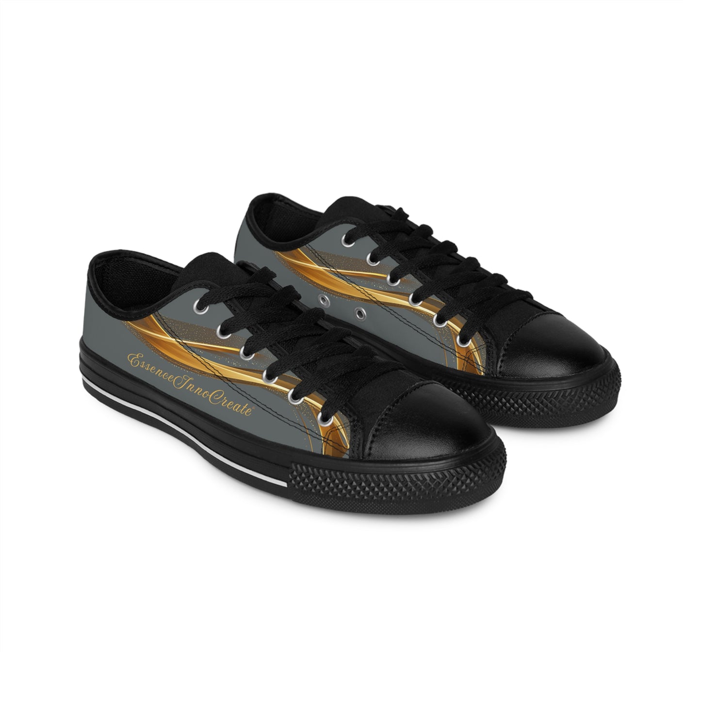 Black and gray 'EssenceInnoCreate' sneakers with gold accents on a white background