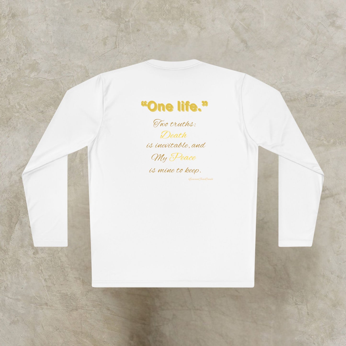 White long-sleeve shirt with yellow One Life text on a textured beige background