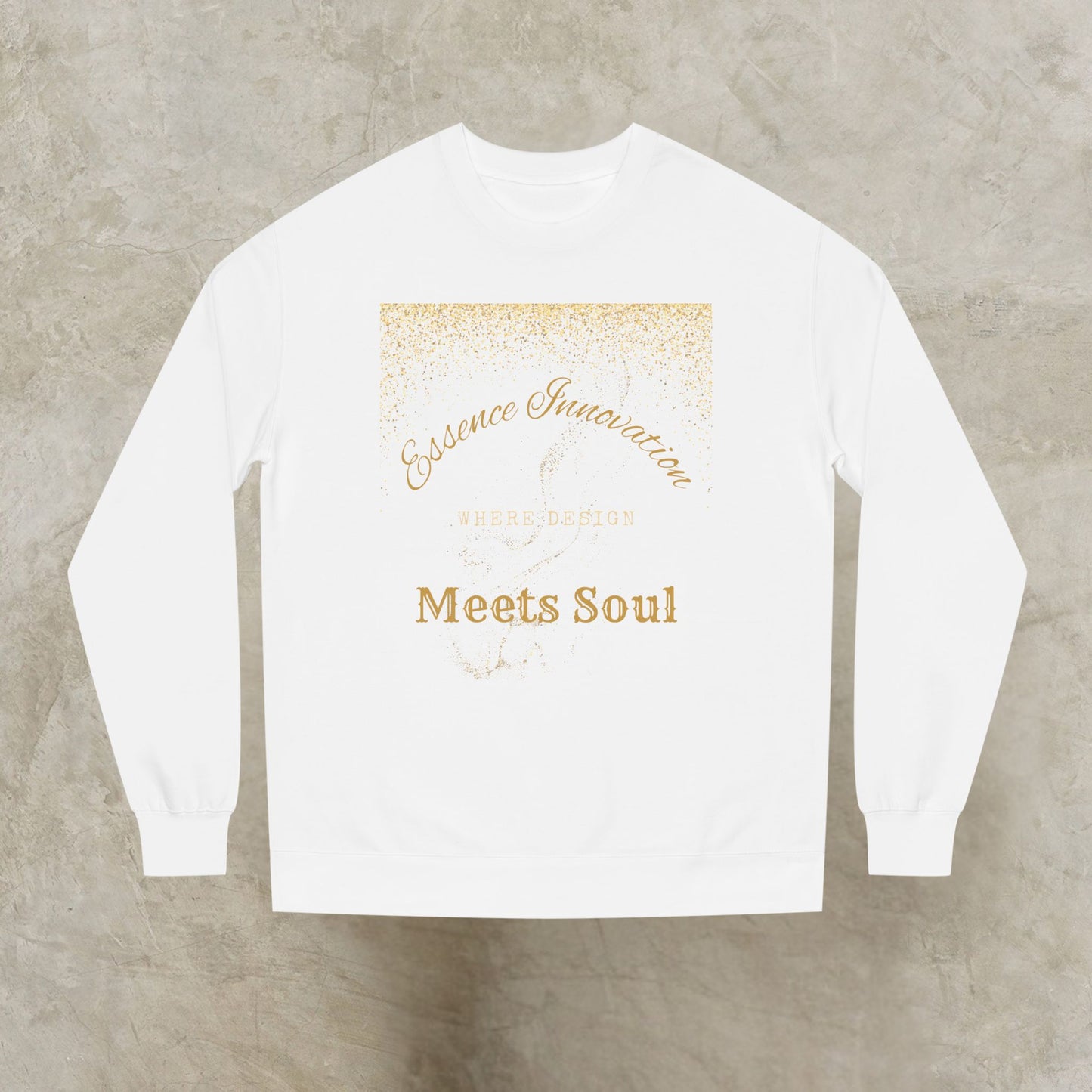 White long-sleeve shirt with gold Essence Innovation 'Design Meets Soul' text on a gray background