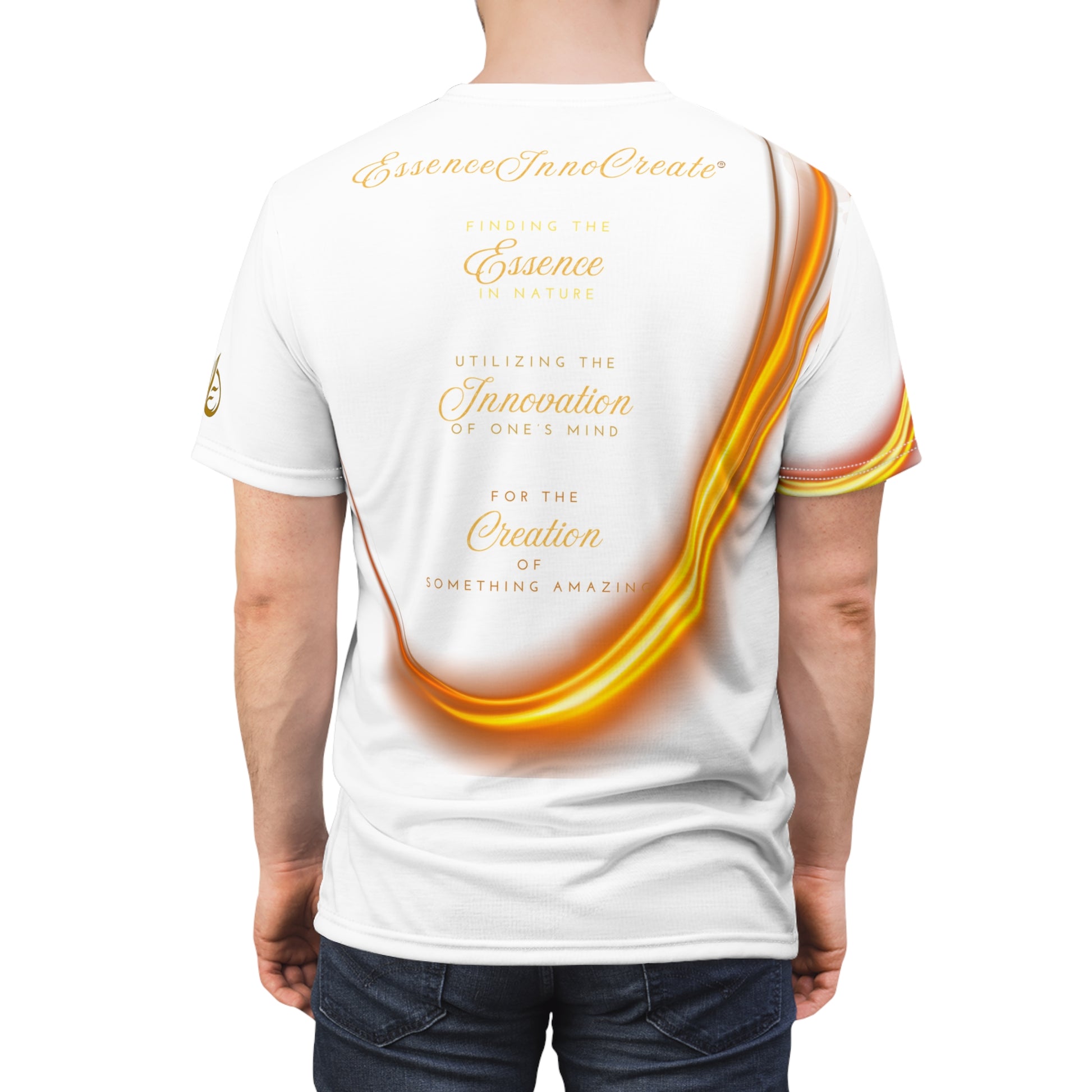White t-shirt with gold text and design on a white background