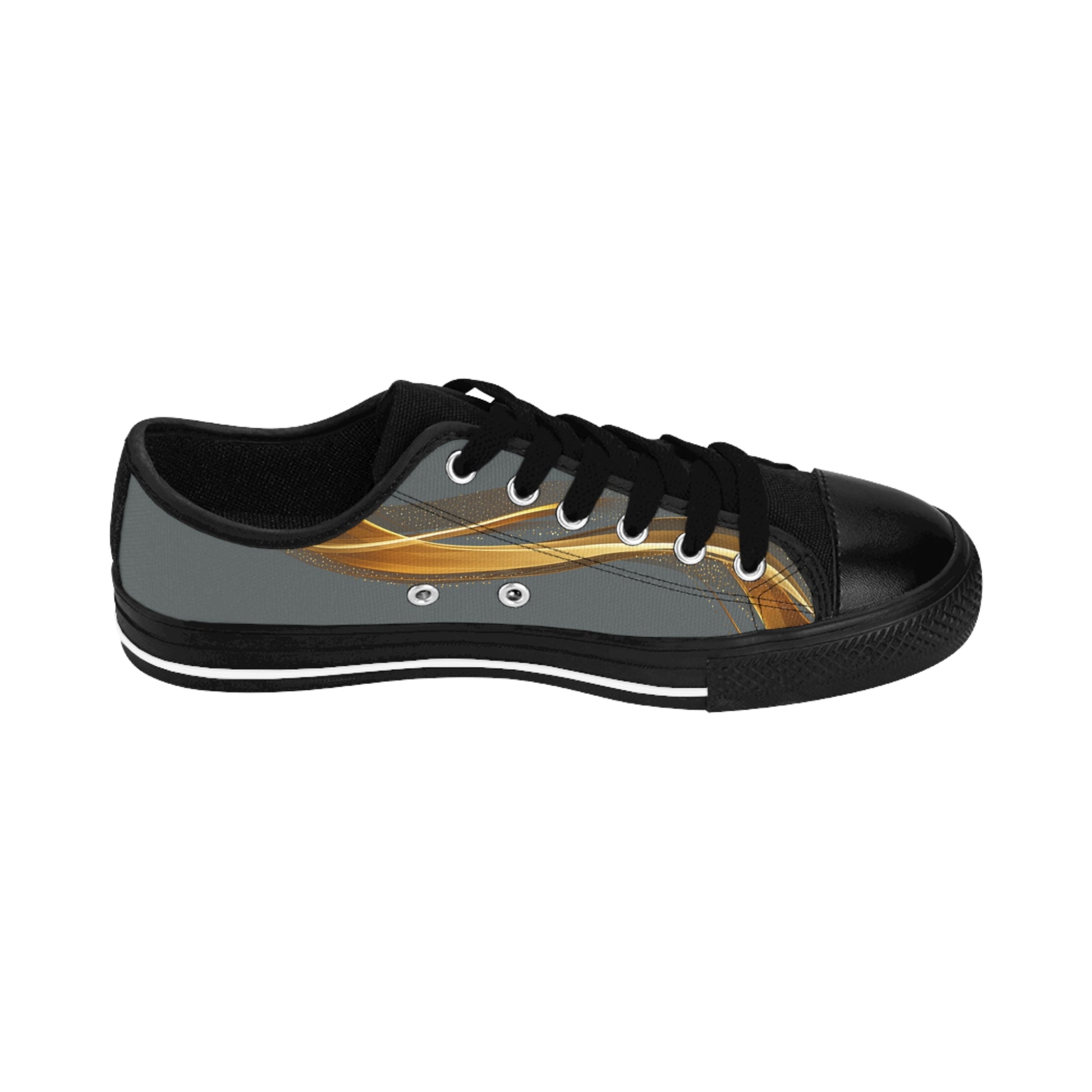 Black 'EssenceInnoCreate' sneaker with gold and gray design on a white background