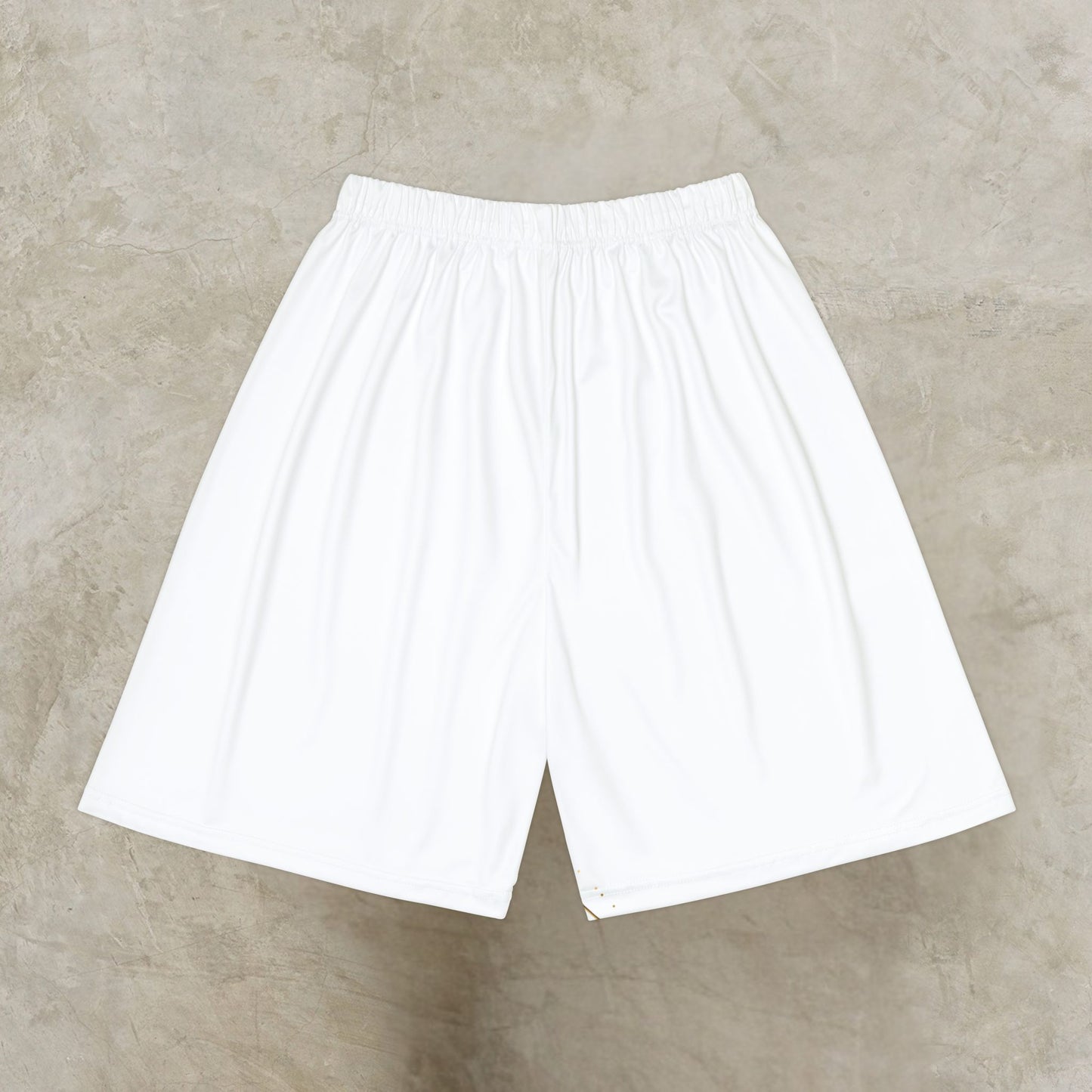White shorts with gold text on a gray background