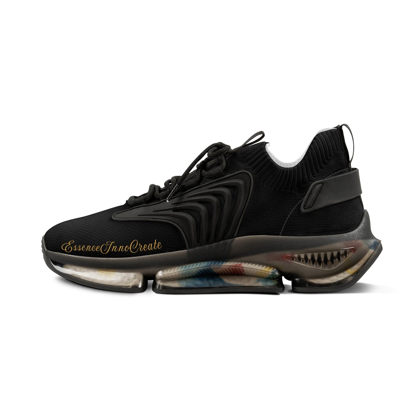 Black and yellow 'EssenceInnoCreate' sneaker with unique design on a white background