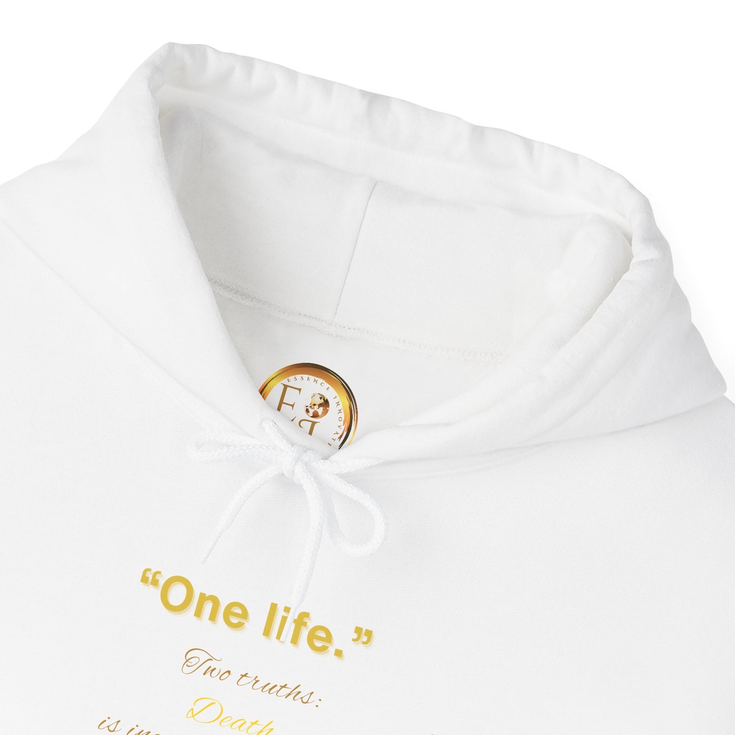 White Essence Innovation 'One Life' hoodie with yellow text and a logo on a white background