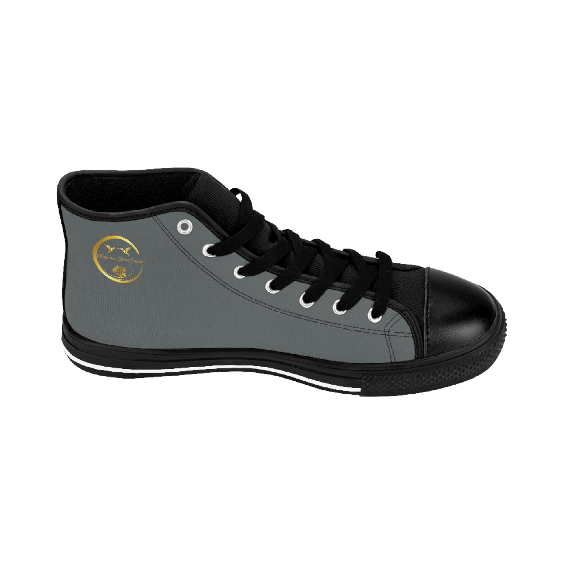 Gray high-top 'EssenceInnoCreate' sneaker with black top and sole on a white background