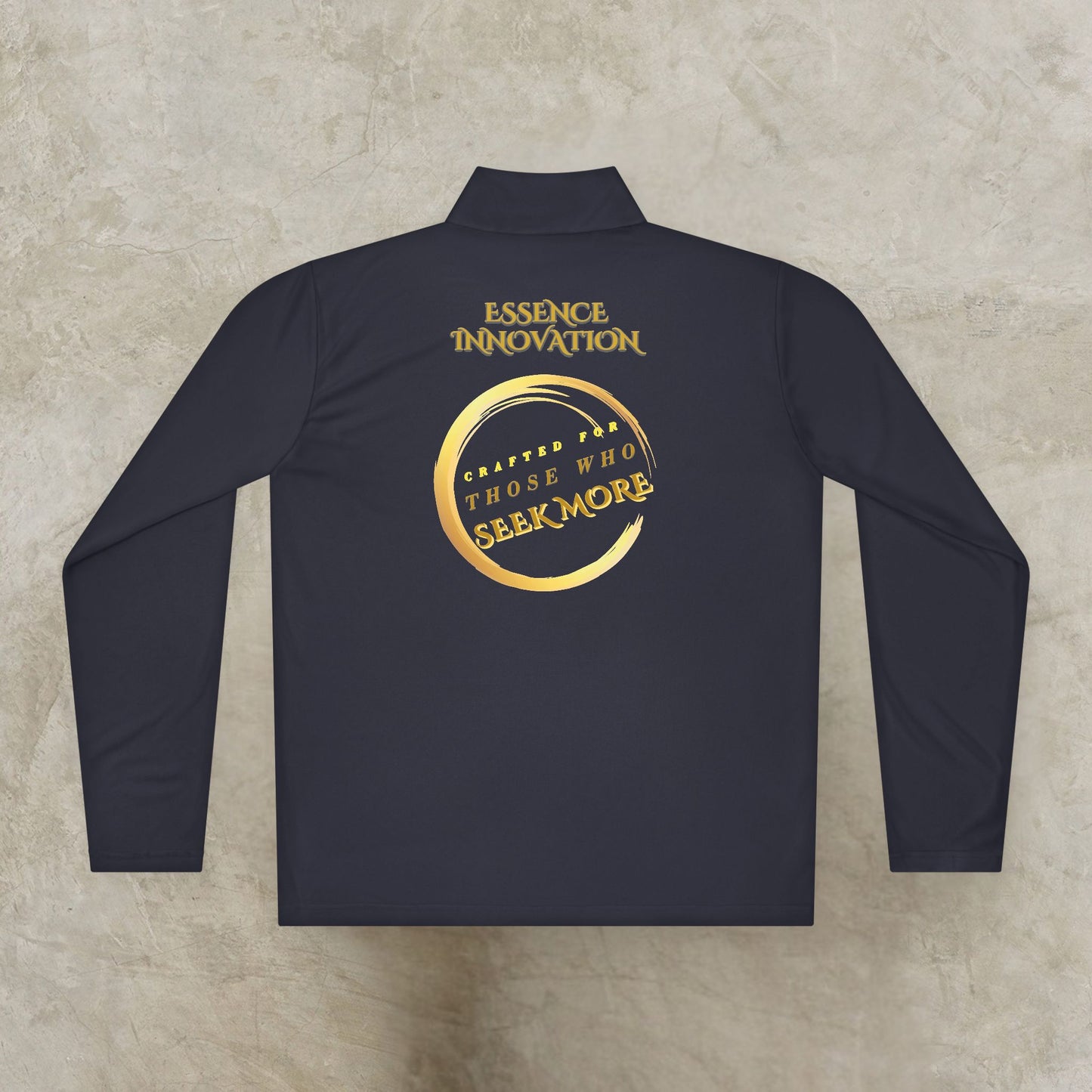 Navy Essence Innovation Seek More long-sleeve shirt with gold text on a textured beige background