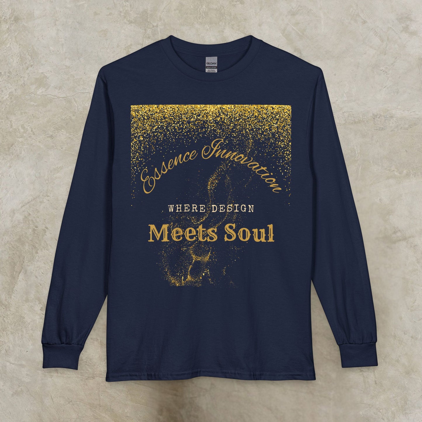 Navy long-sleeve shirt with gold Essence Innovation 'Design Meets Soul' text on a textured beige background