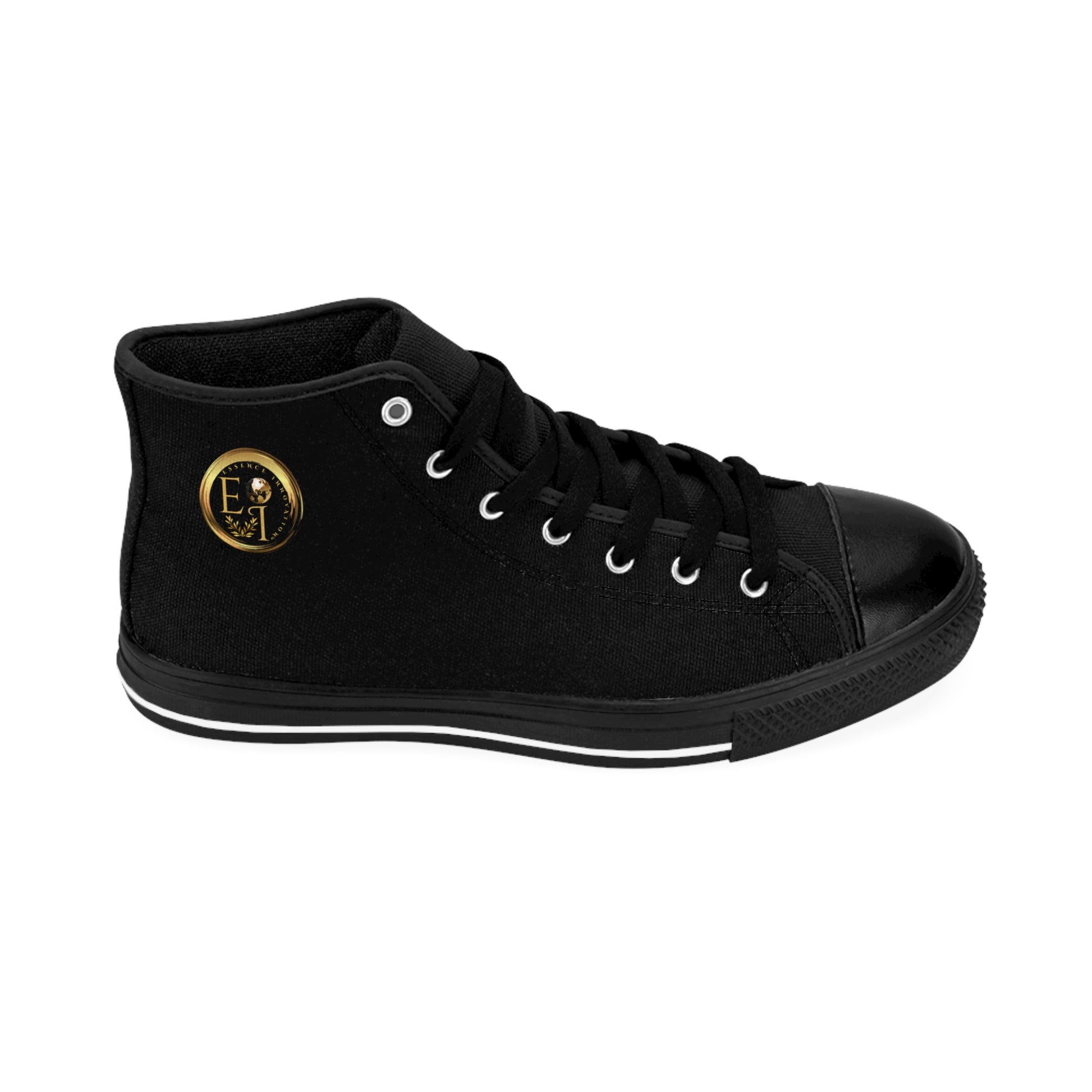 Black high-top 'Essence Innovation' sneaker with a gold logo on a white background