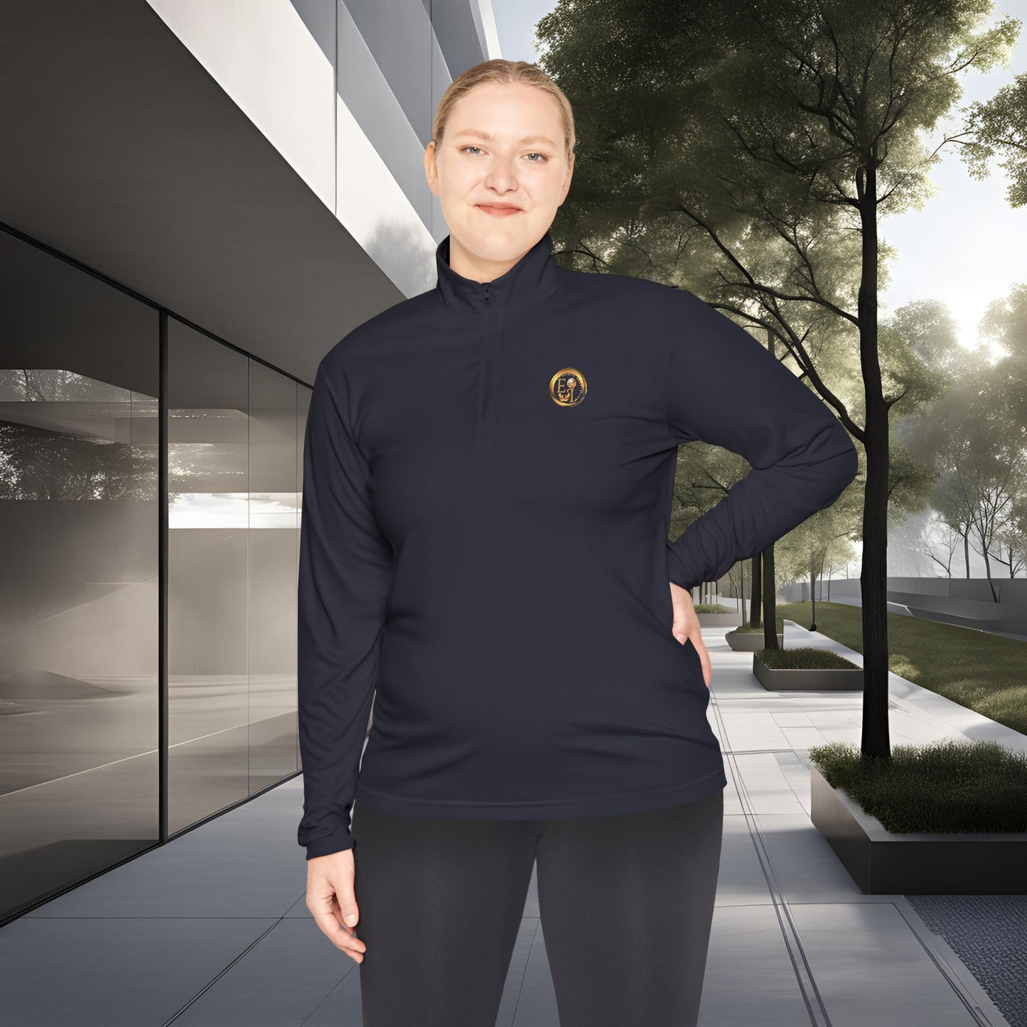 Person wearing a dark blue athletic outfit with an Essence Innovation logo, standing outdoors near modern architecture.