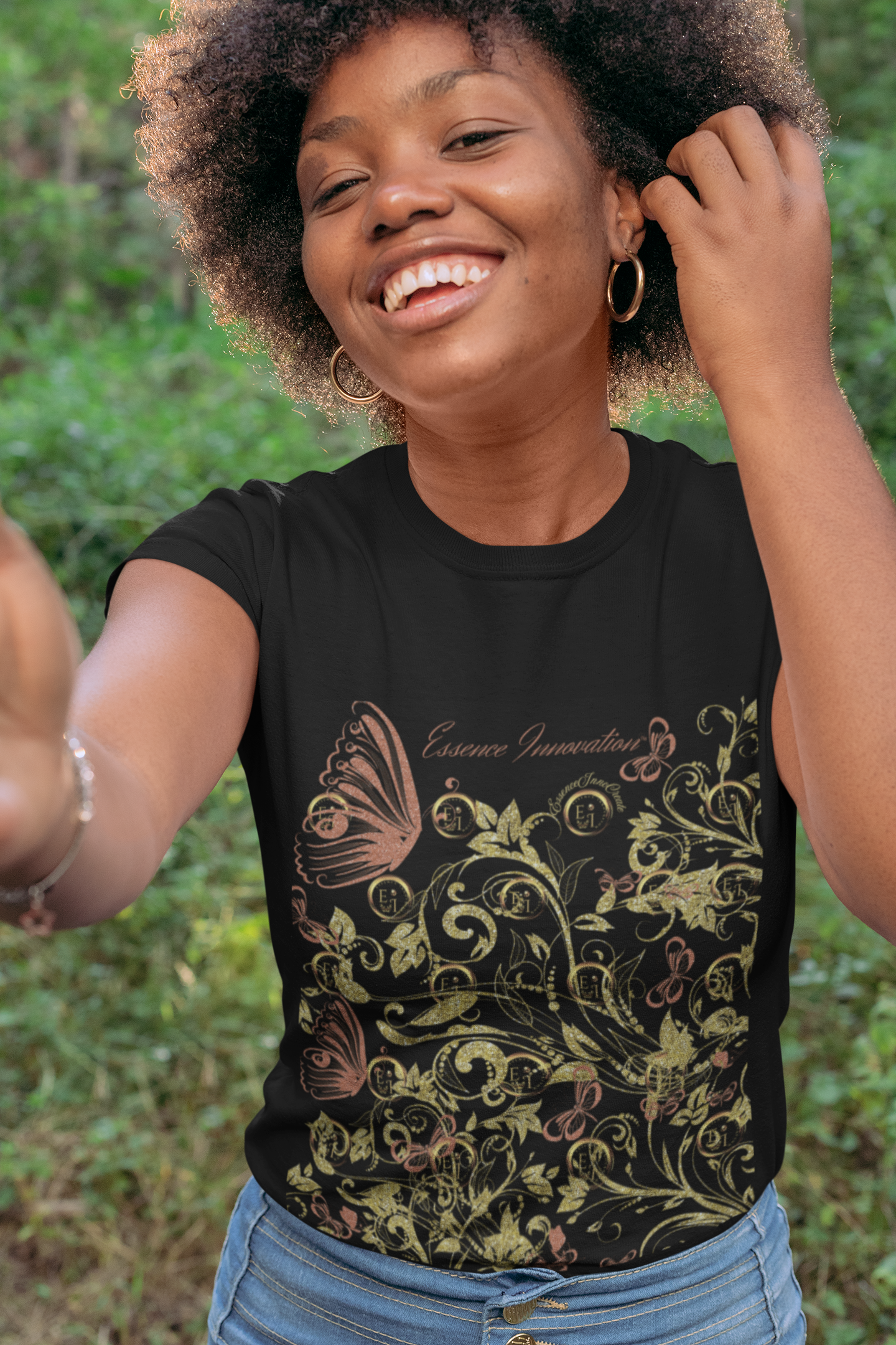 Floral Butterfly T-Shirt in Black | Nature-Inspired Boho Tee | Elegant Botanical Shirt for Women | EssenceInnoCreate