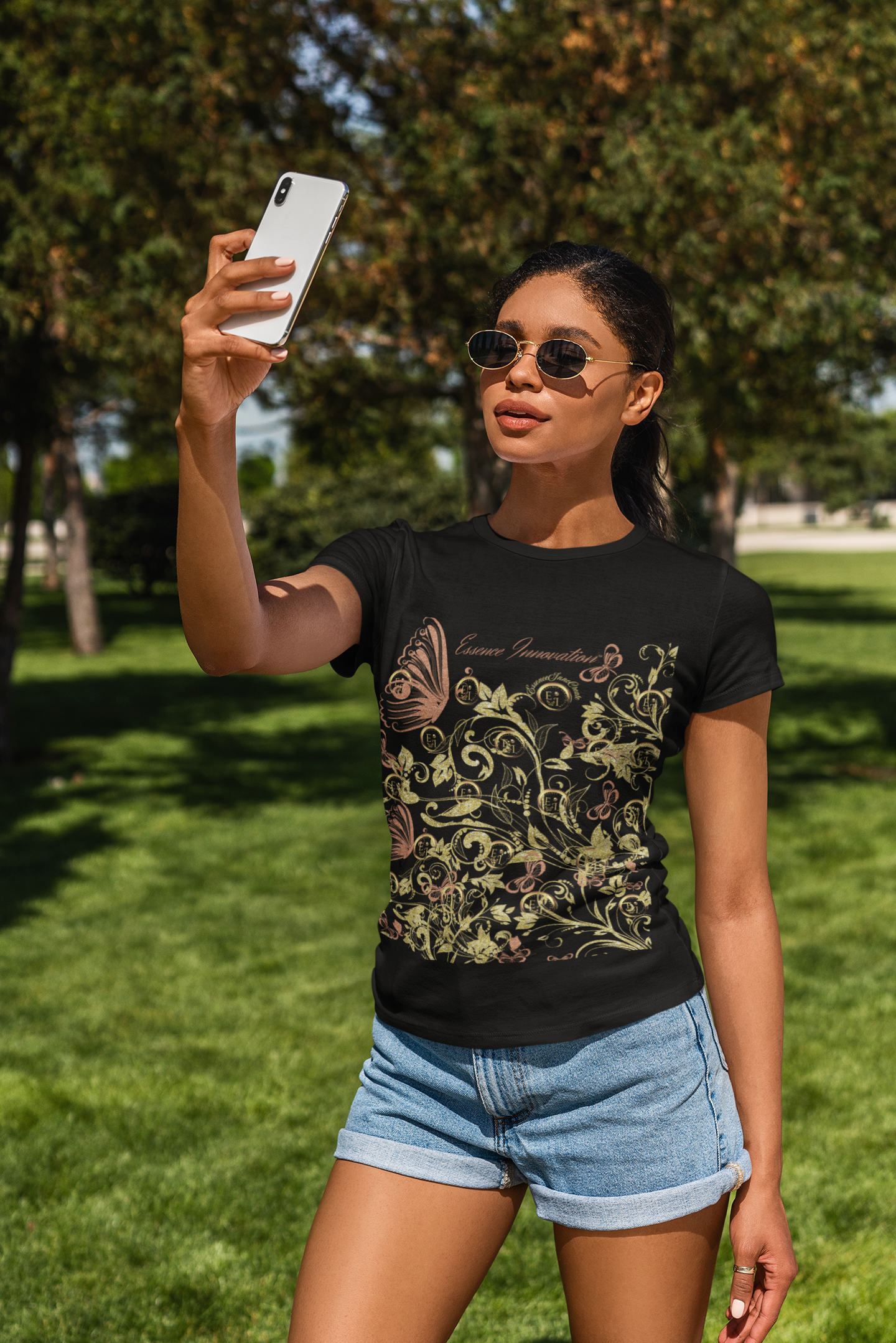 Floral Butterfly T-Shirt in Black | Nature-Inspired Boho Tee | Elegant Botanical Shirt for Women | EssenceInnoCreate