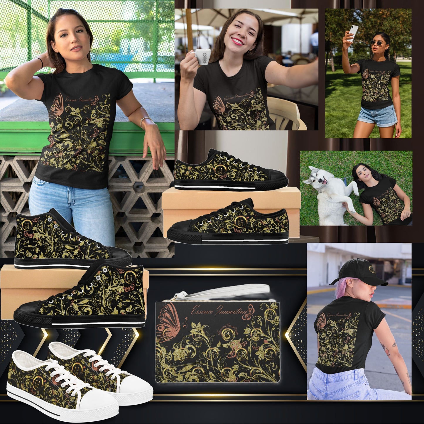 Floral Butterfly T-Shirt in Black | Nature-Inspired Boho Tee | Elegant Botanical Shirt for Women | EssenceInnoCreate