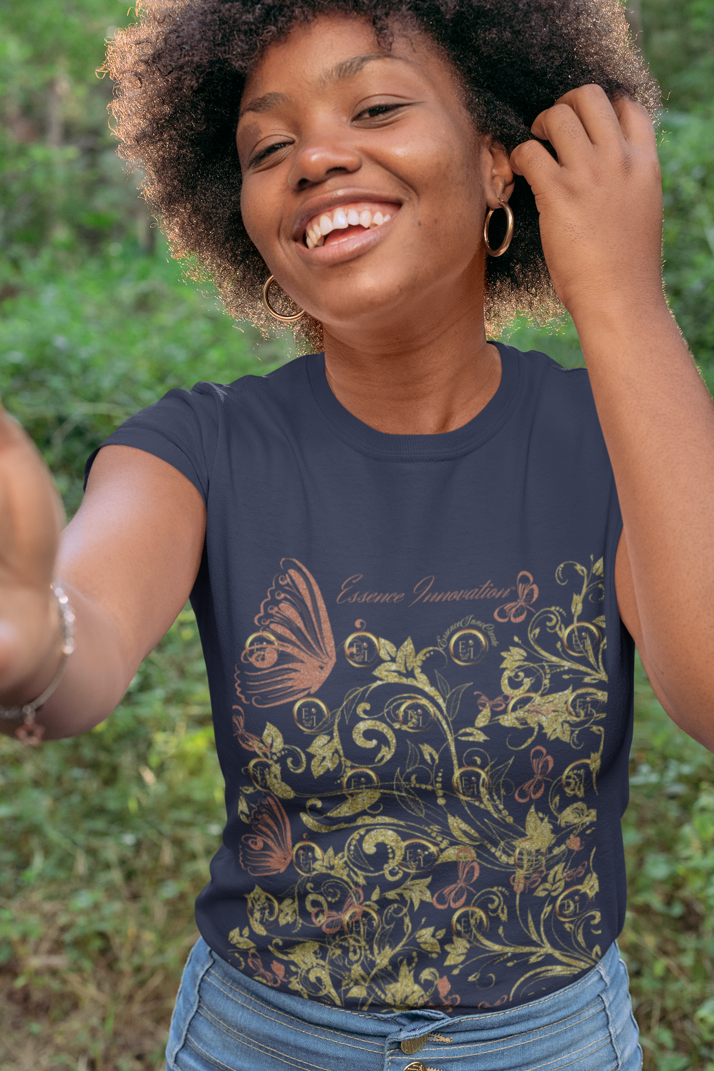 Floral Butterfly T-Shirt in Navy | Elegant Nature Graphic Tee | Boho Botanical Shirt for Women | EssenceInnoCreate