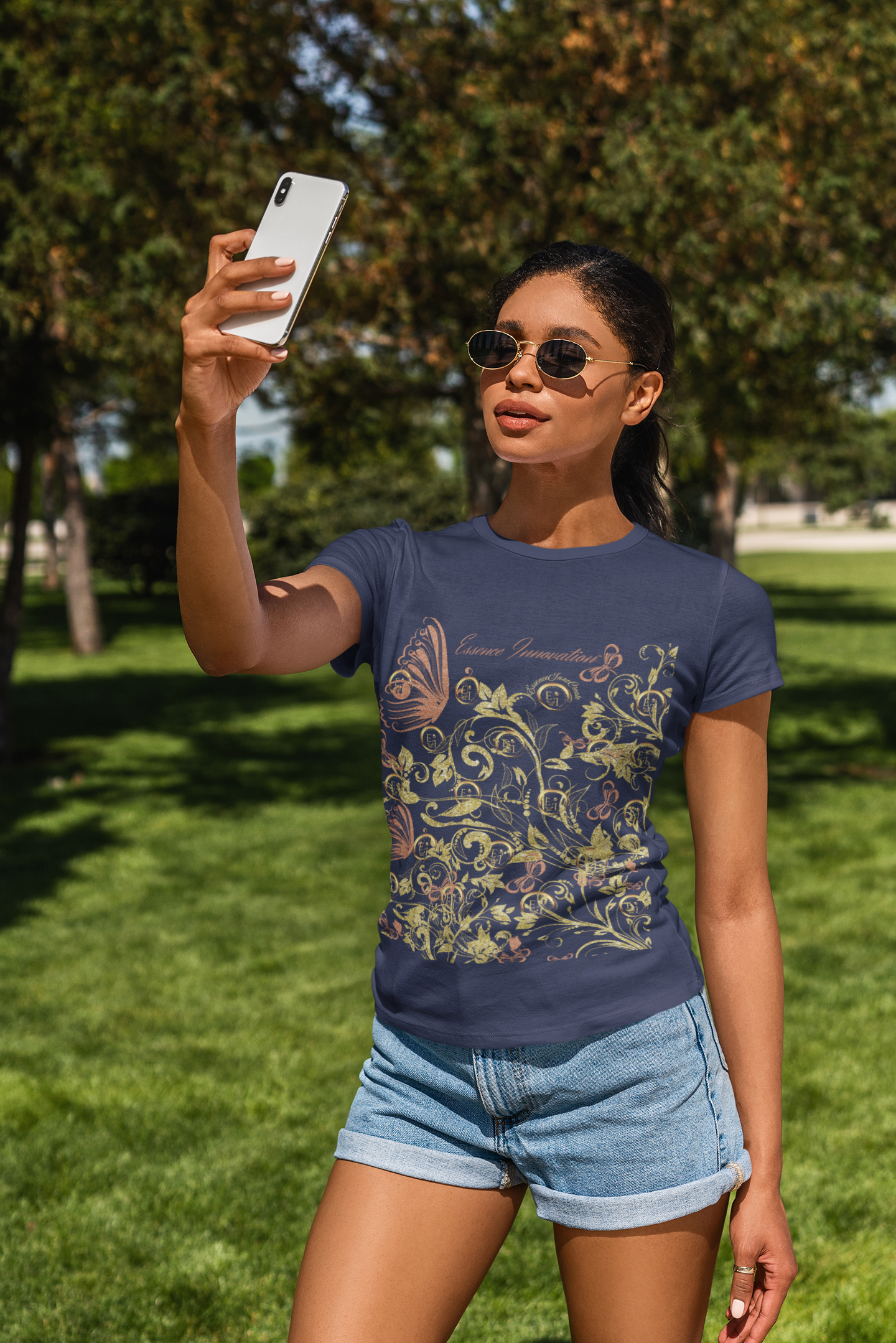 Floral Butterfly T-Shirt in Navy | Elegant Nature Graphic Tee | Boho Botanical Shirt for Women | EssenceInnoCreate