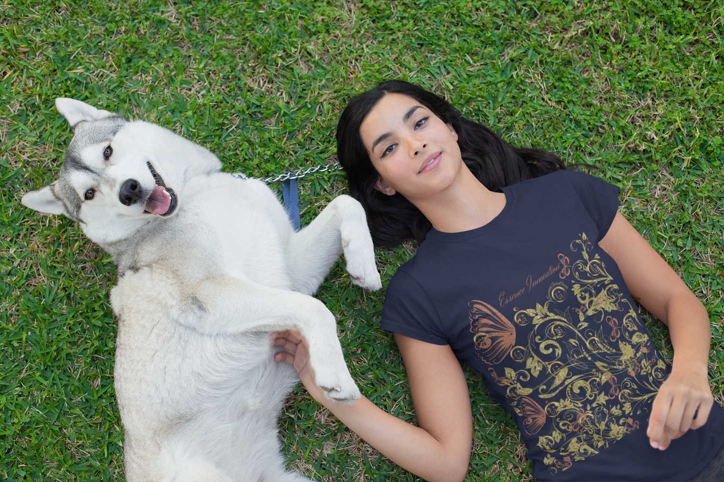 Floral Butterfly T-Shirt in Navy | Elegant Nature Graphic Tee | Boho Botanical Shirt for Women | EssenceInnoCreate