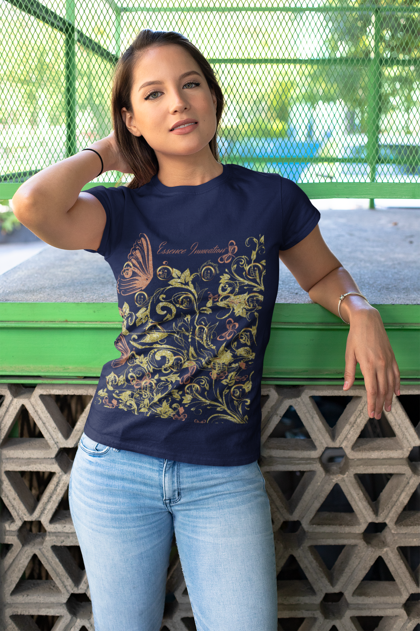 Floral Butterfly T-Shirt in Navy | Elegant Nature Graphic Tee | Boho Botanical Shirt for Women | EssenceInnoCreate