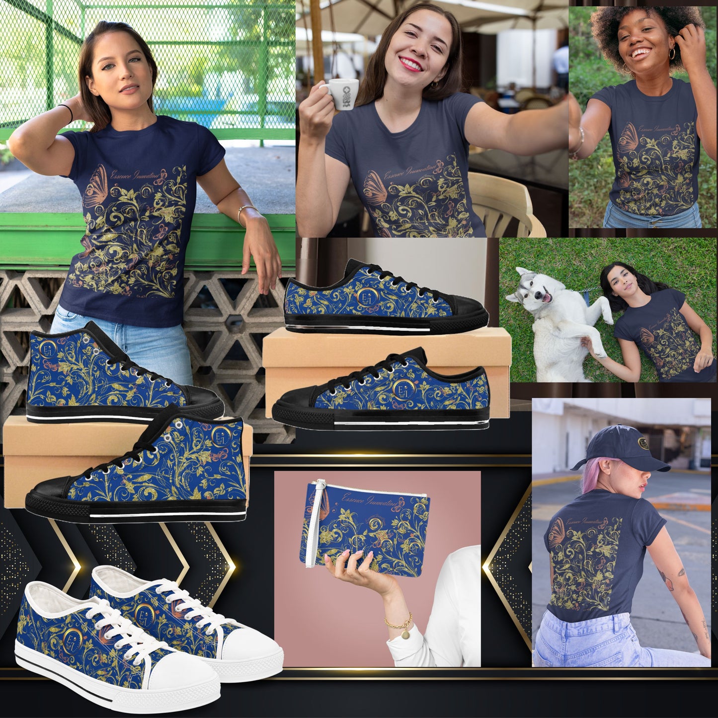Floral Butterfly T-Shirt in Navy | Elegant Nature Graphic Tee | Boho Botanical Shirt for Women | EssenceInnoCreate