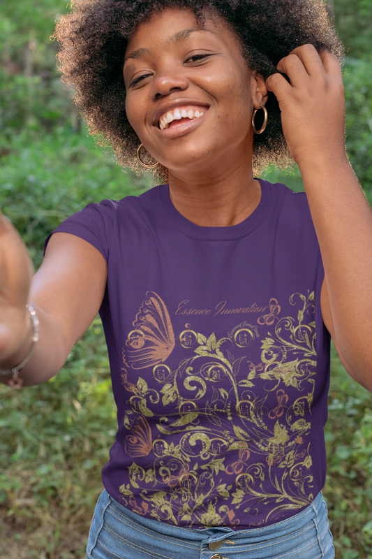 Floral Butterfly T-Shirt in Purple | Boho Nature-Inspired Tee for Women | Elegant Botanical Shirt | EssenceInnoCreate
