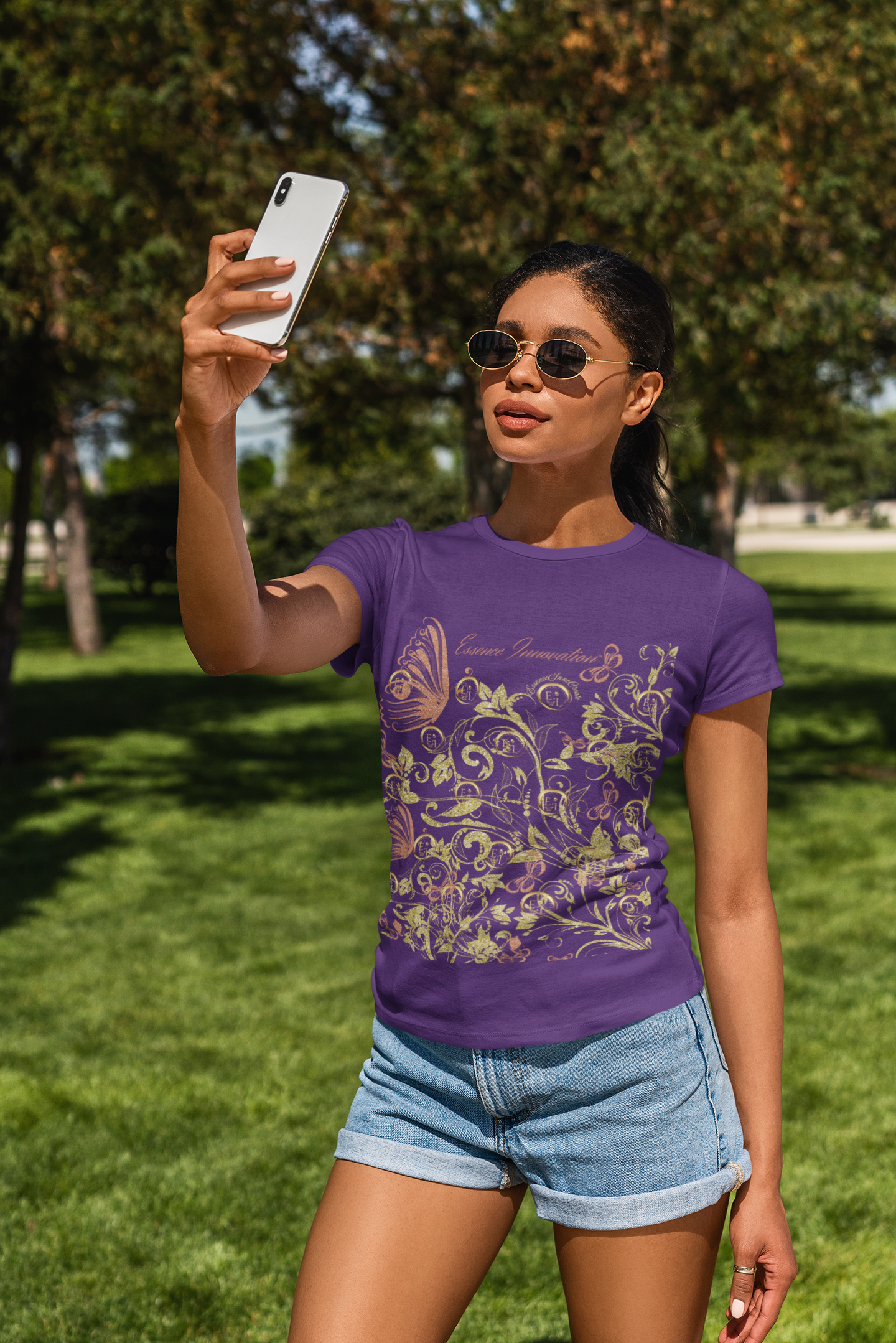 Floral Butterfly T-Shirt in Purple | Boho Nature-Inspired Tee for Women | Elegant Botanical Shirt | EssenceInnoCreate