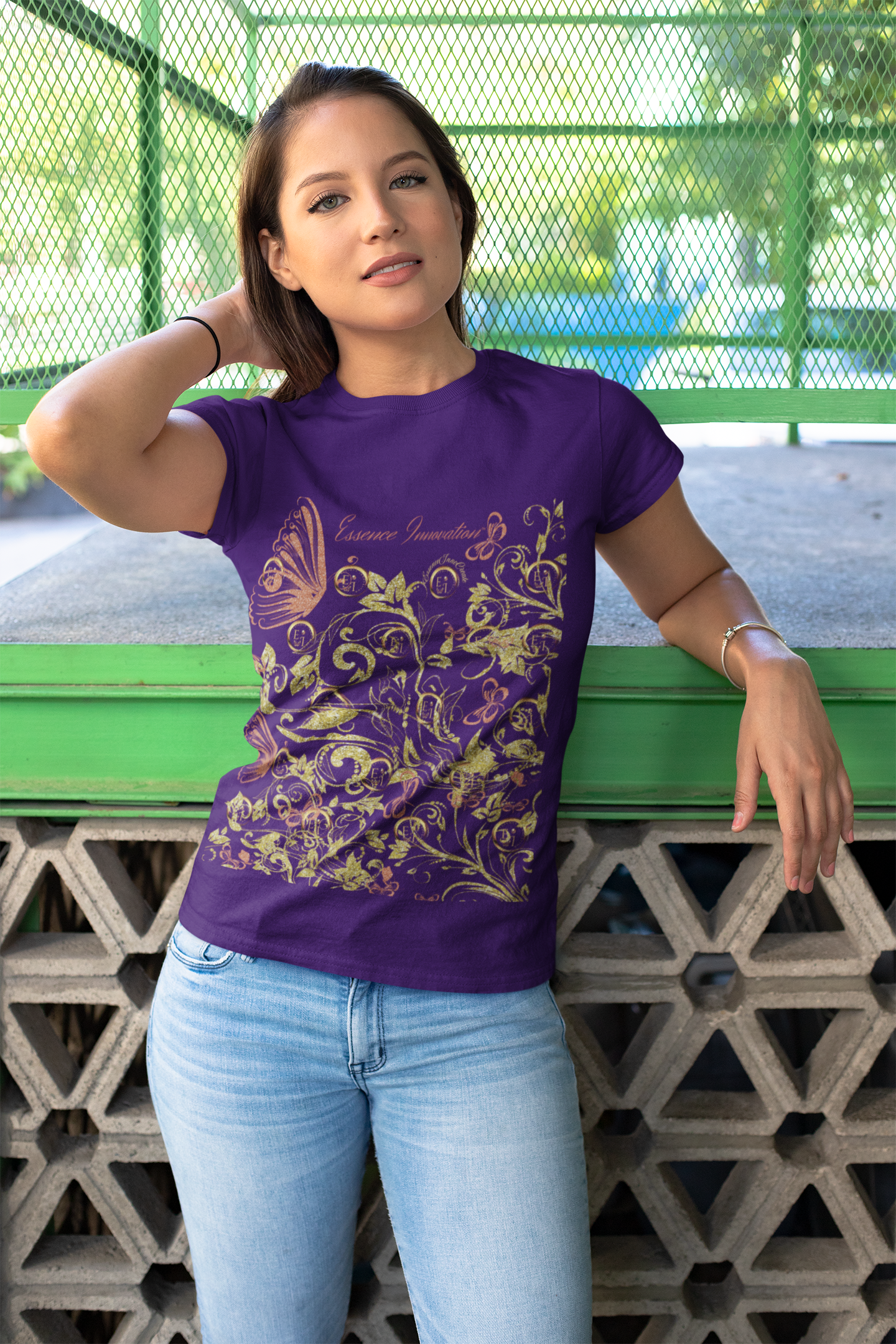 Floral Butterfly T-Shirt in Purple | Boho Nature-Inspired Tee for Women | Elegant Botanical Shirt | EssenceInnoCreate