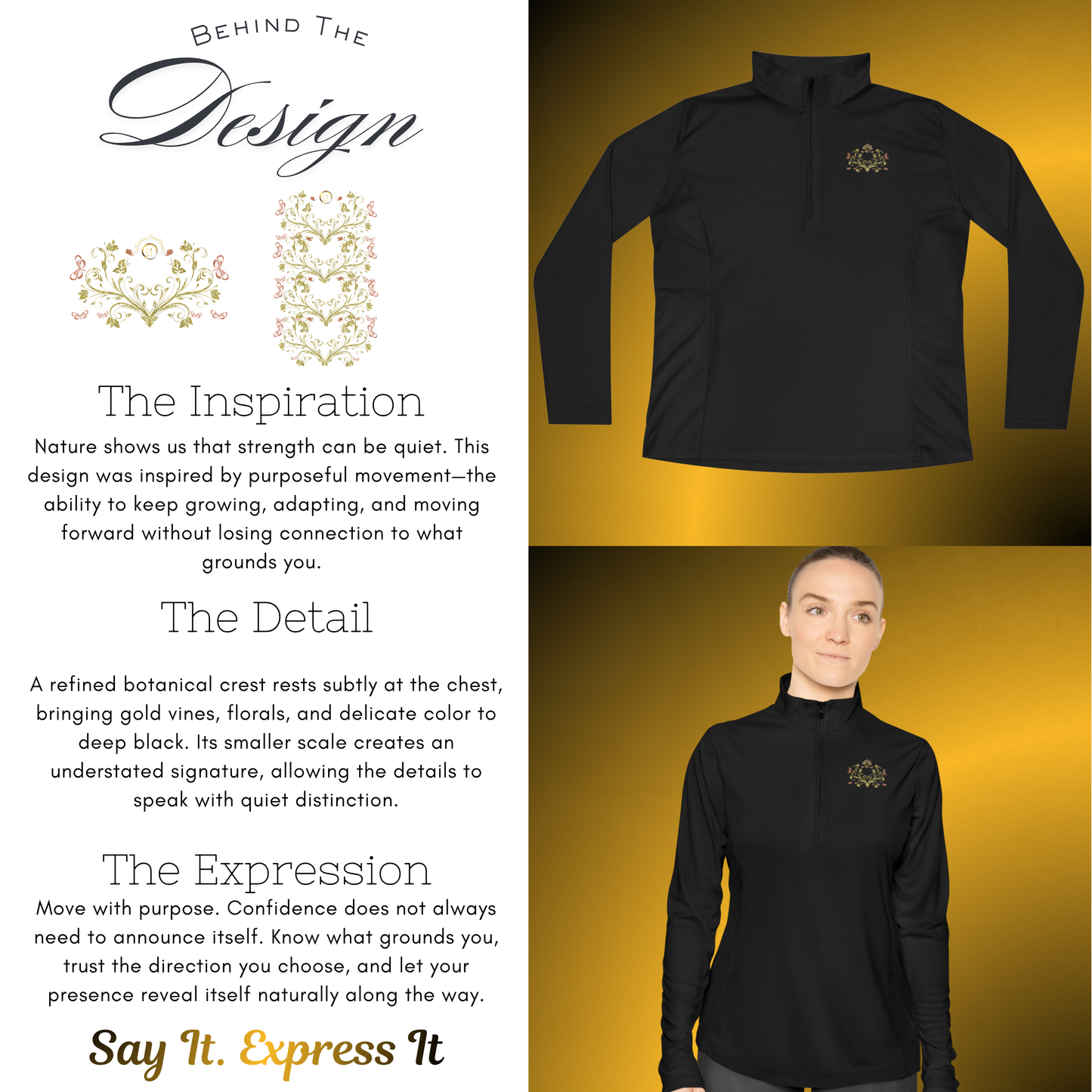 Botanical Crest Quarter-Zip Pullover – Floral Athleisure Top