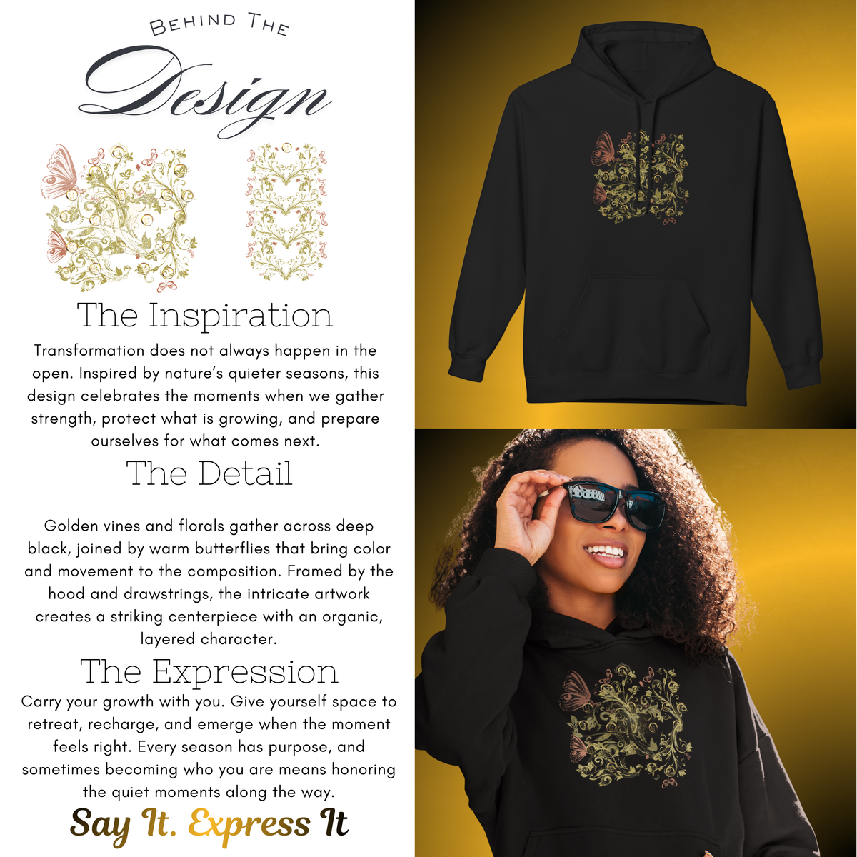 Bohemian Butterfly Floral Hoodie – Gold Botanical Pullover
