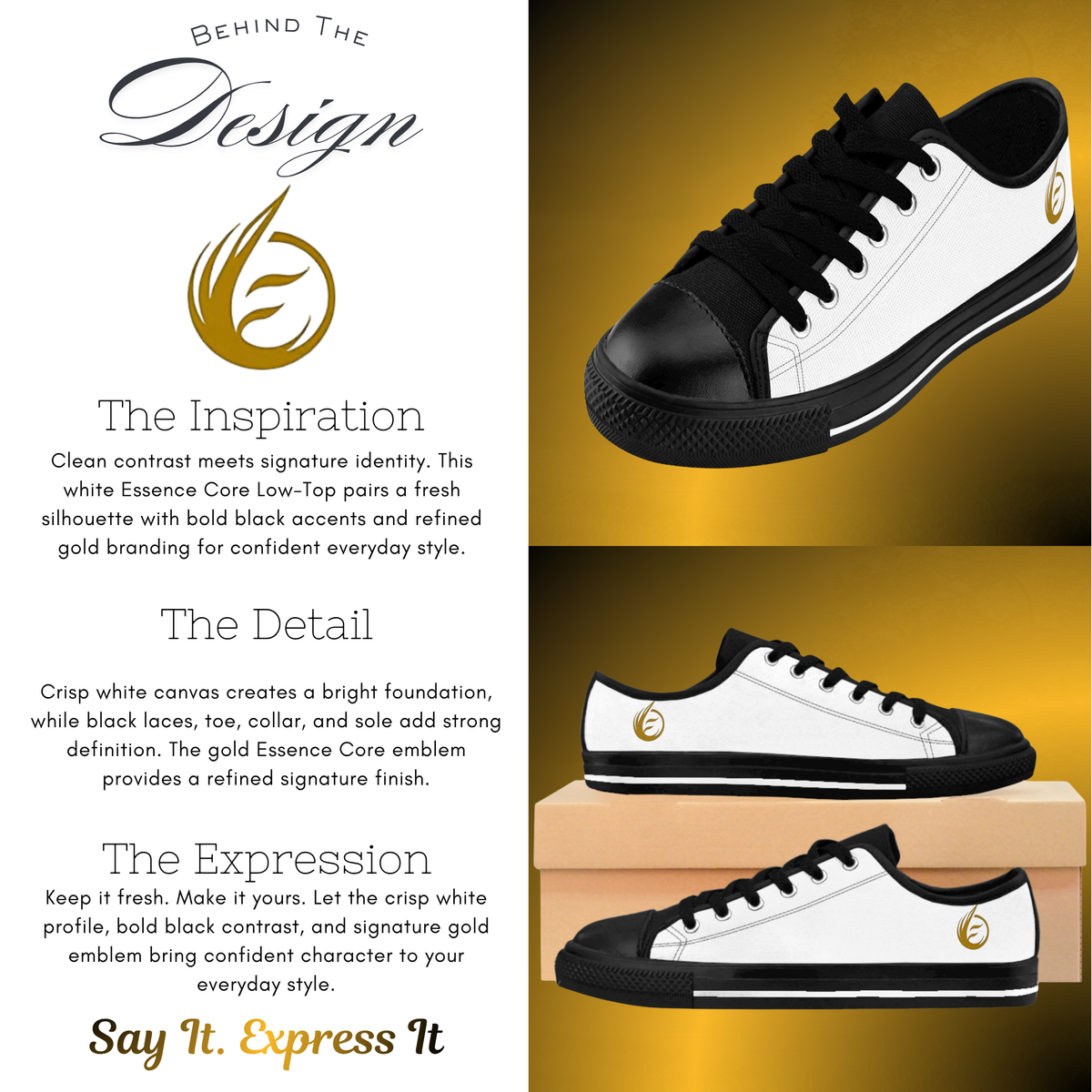 Women’s Essence Core Canvas Low Tops – Blanc Noir Edition