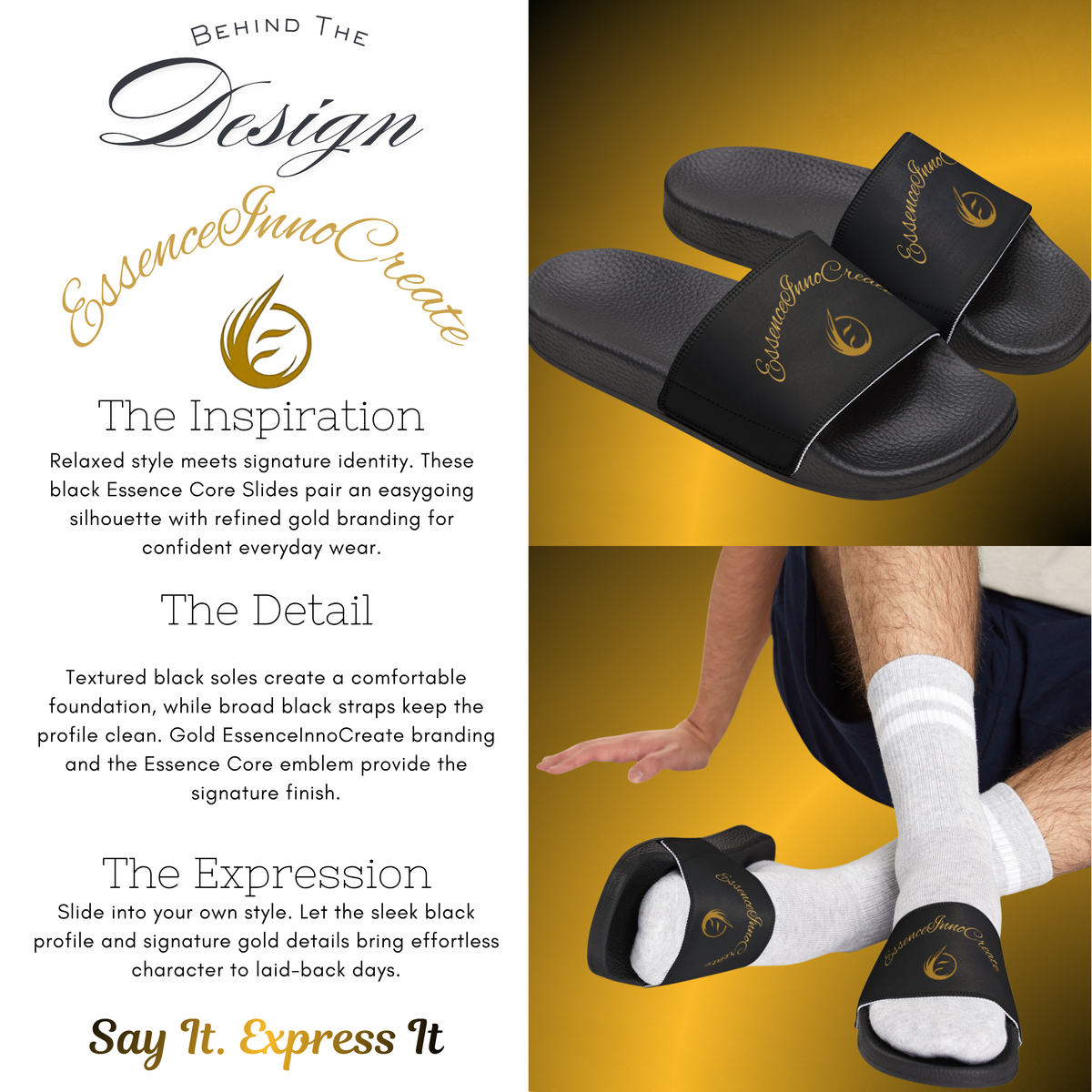 Essence Core Men’s Black Slide Sandals – Black on Black Comfort Slides