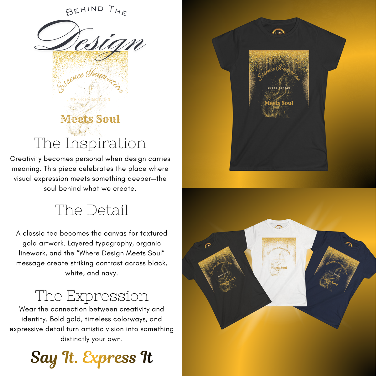 Design Meets Soul Women’s T-Shirt – Gold Graphic Tee