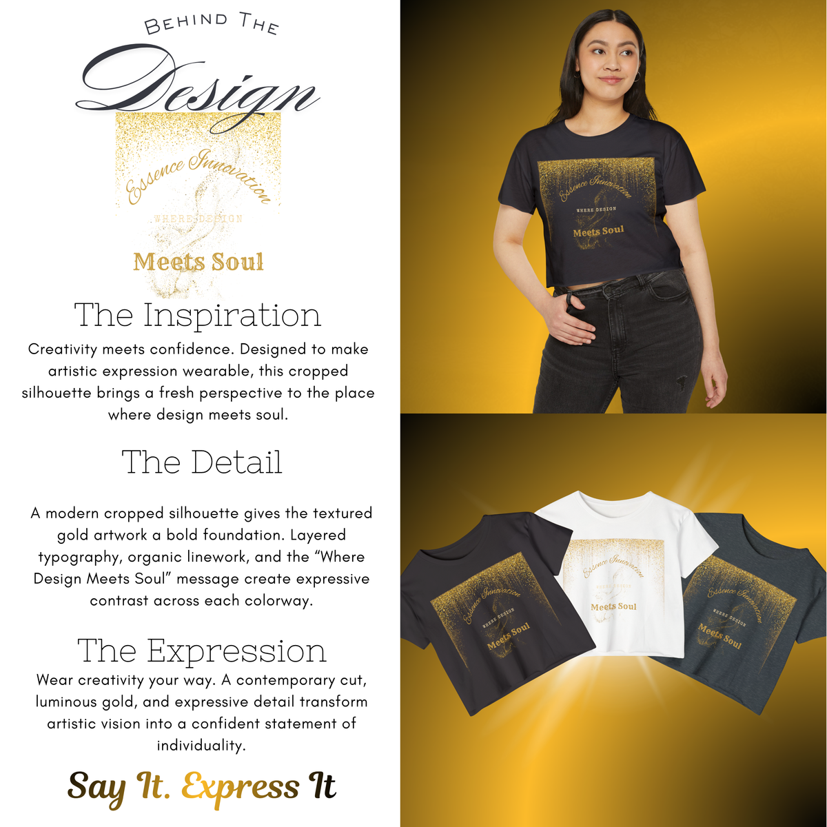 Design Meets Soul Crop Top – Gold Graphic Women’s Tee